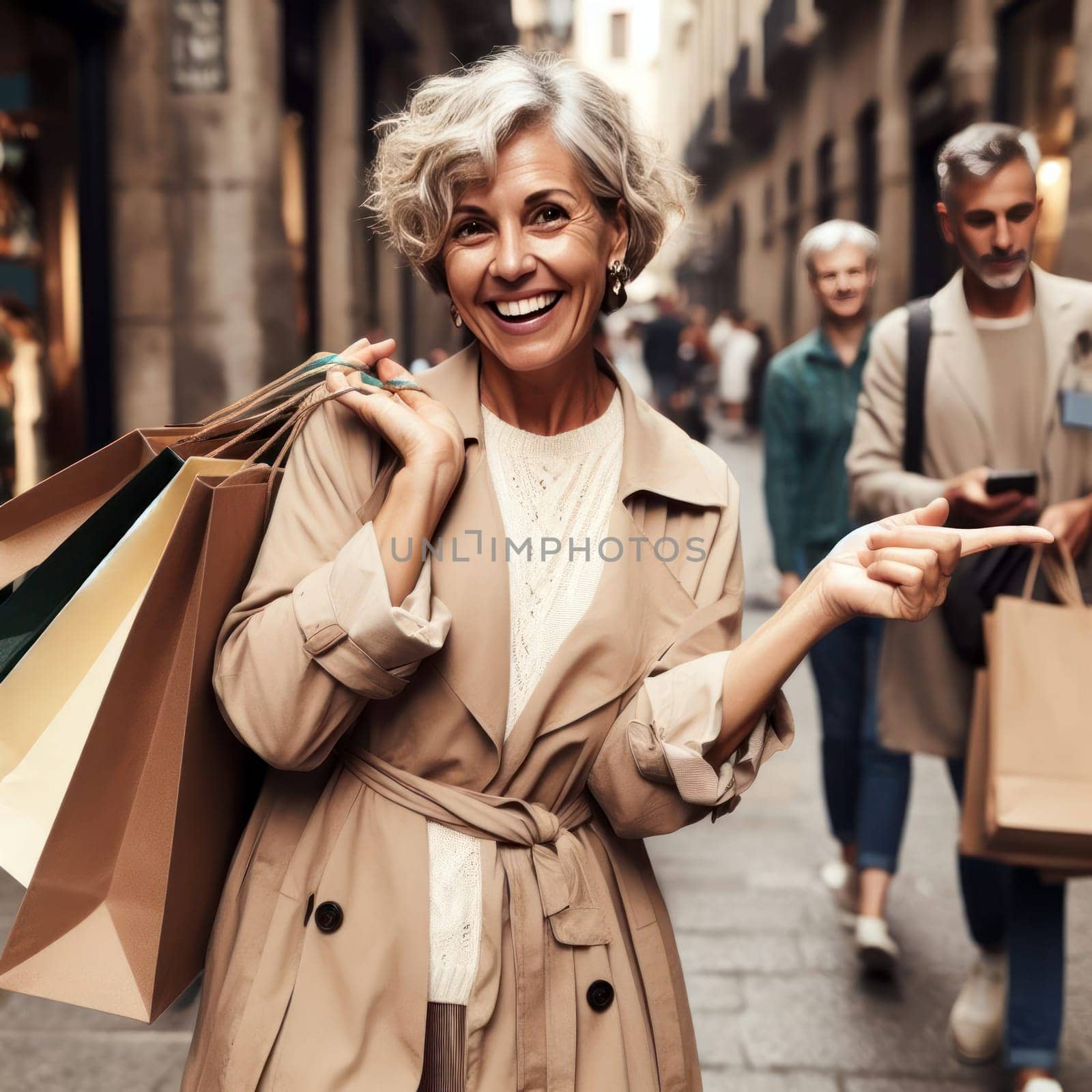 attractive smiling and happy middle aged woman shopping on vacation generative ai