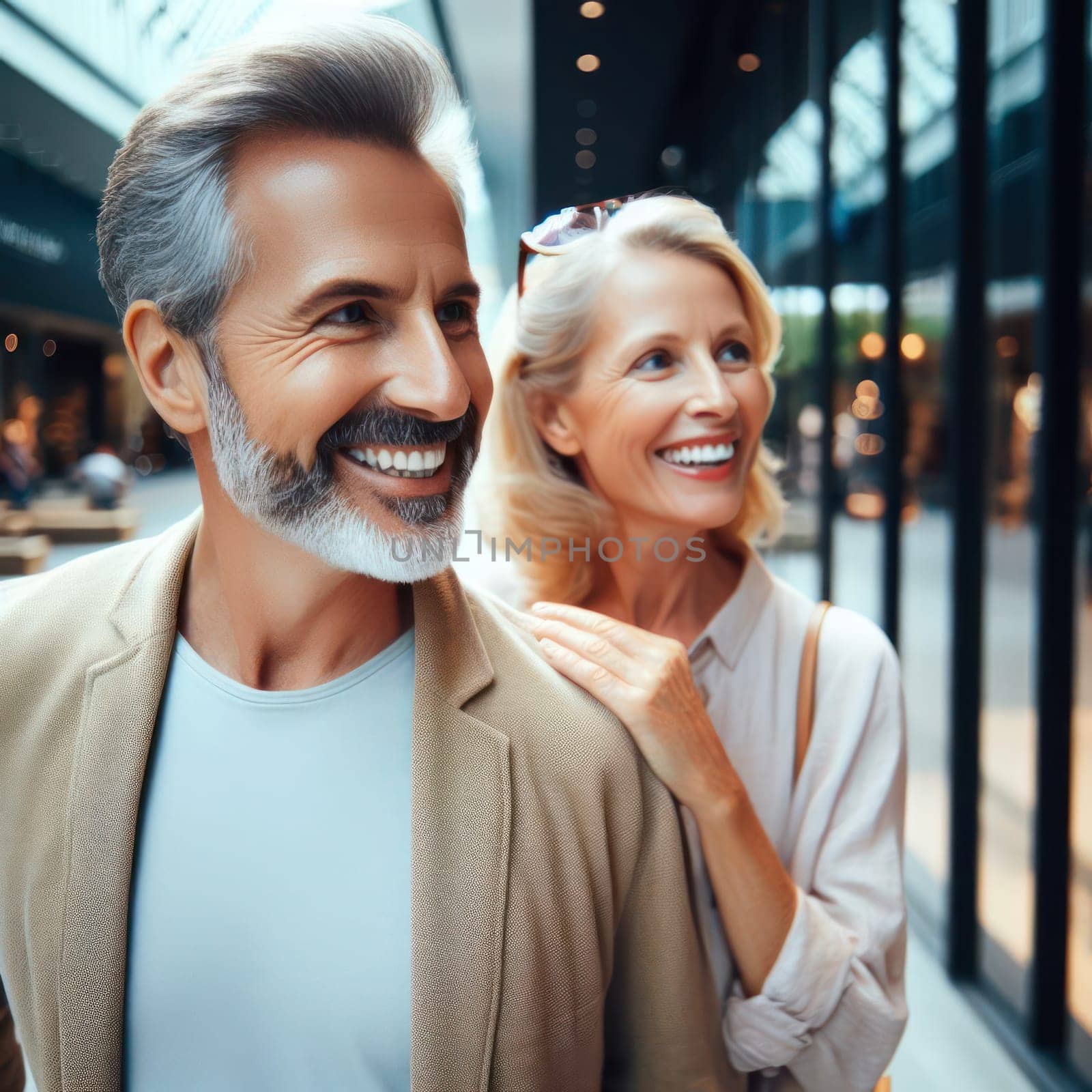 happy and smiling middle aged couple out shopping together generative ai
