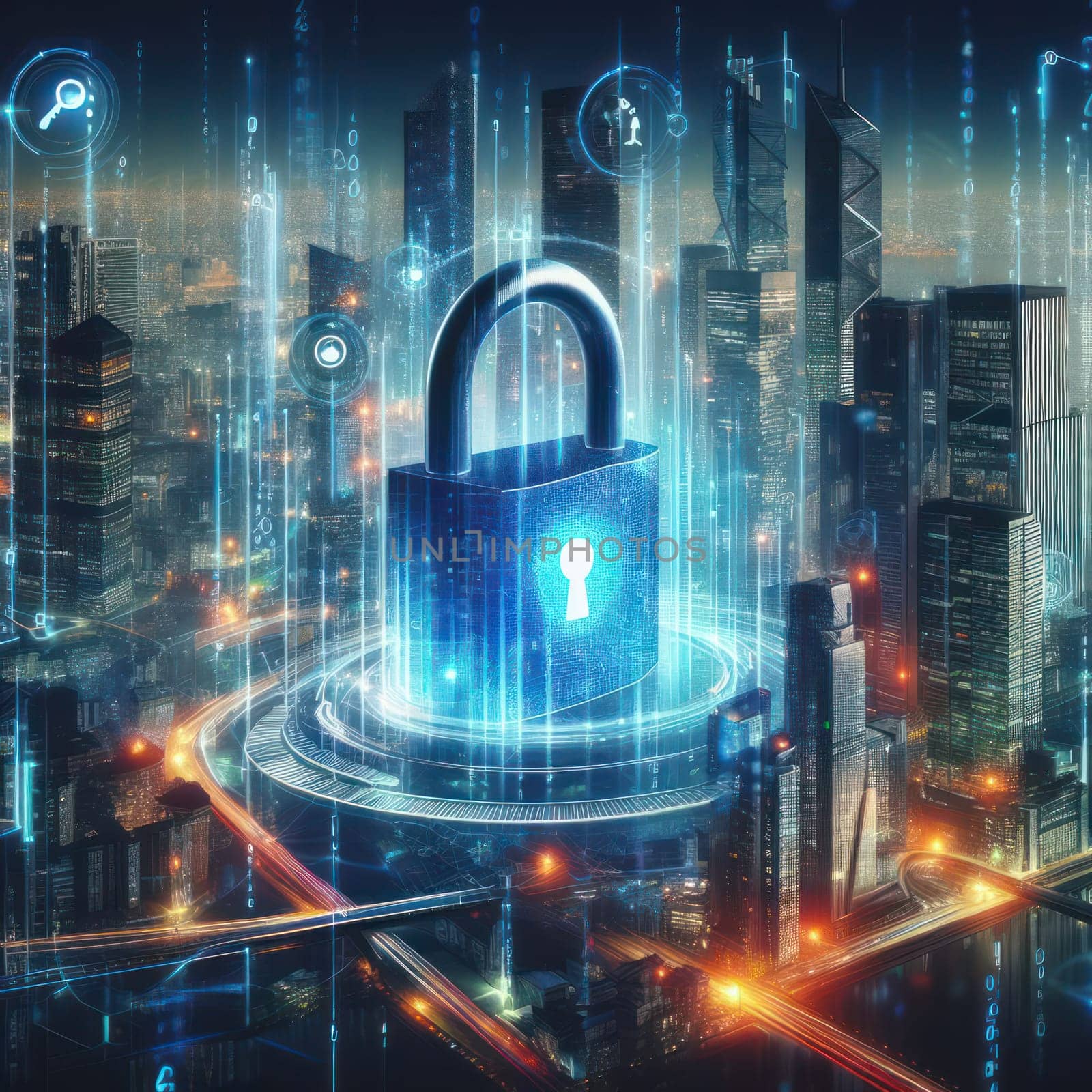 Cyber security and protection across multiple locations in the city future technology concept generative ai