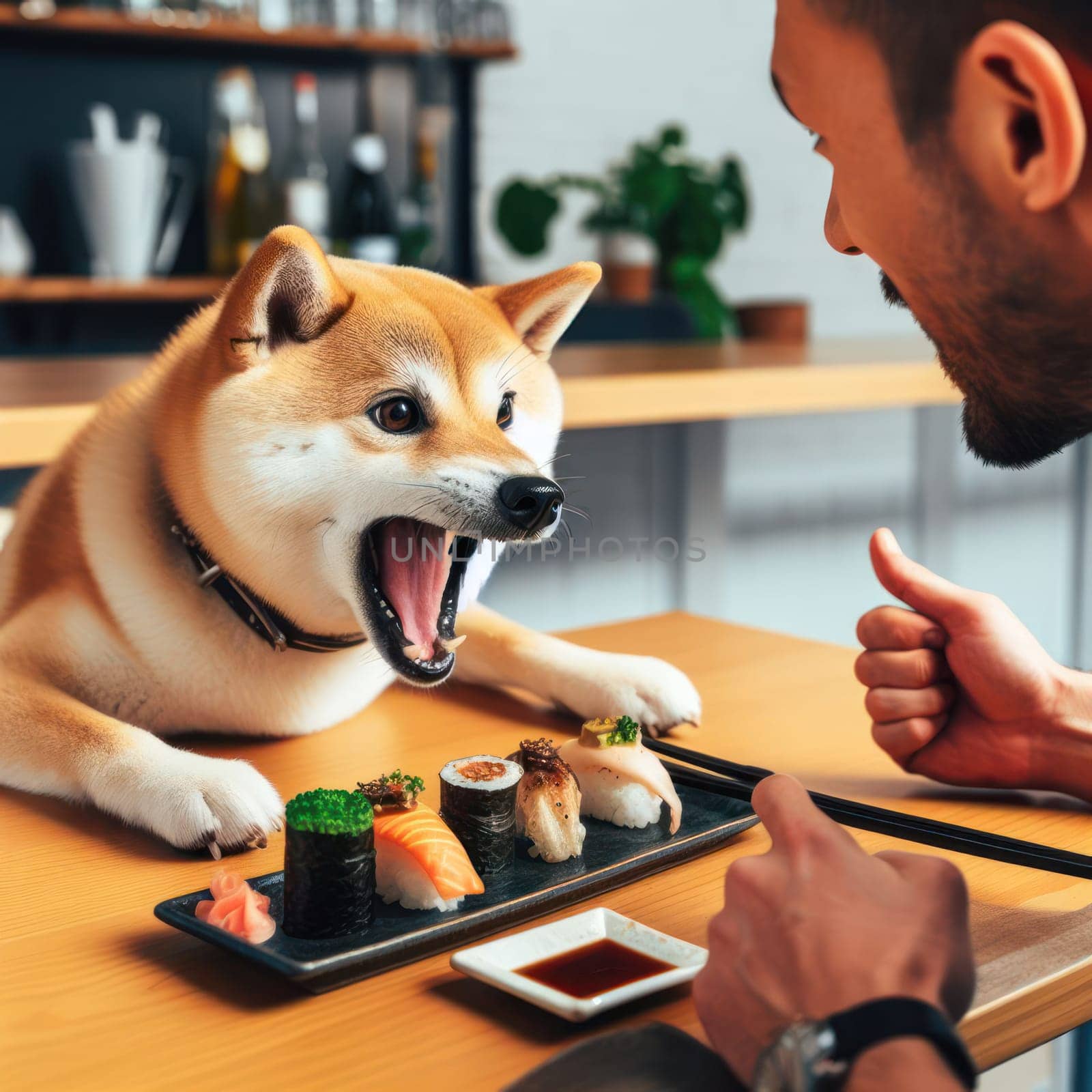 shiba inu dog customer is angry with sushi and arguing with chef in restaurant generative ai