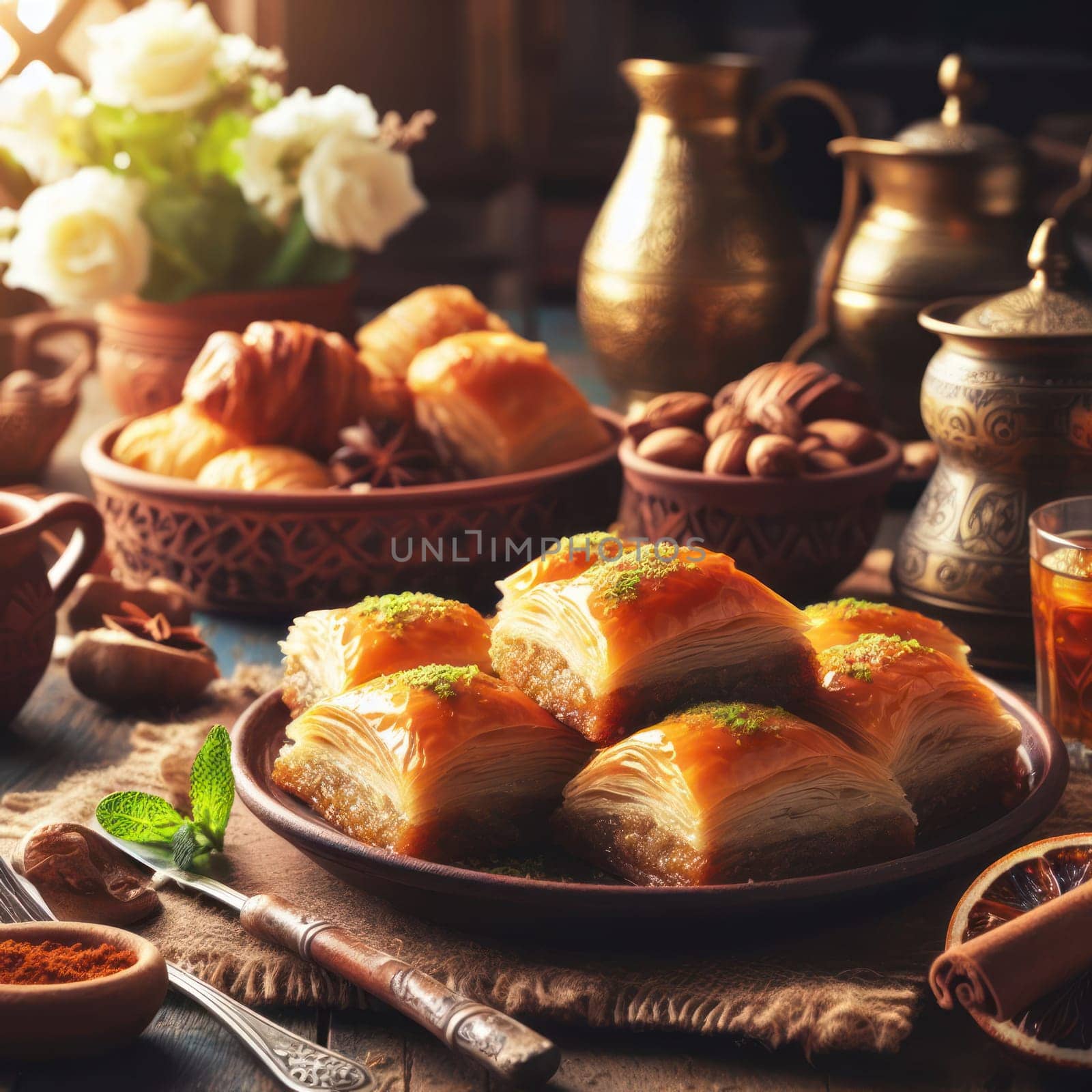 plate of delicious greek or turkish baklava on a plate in a rustic setting generative ai