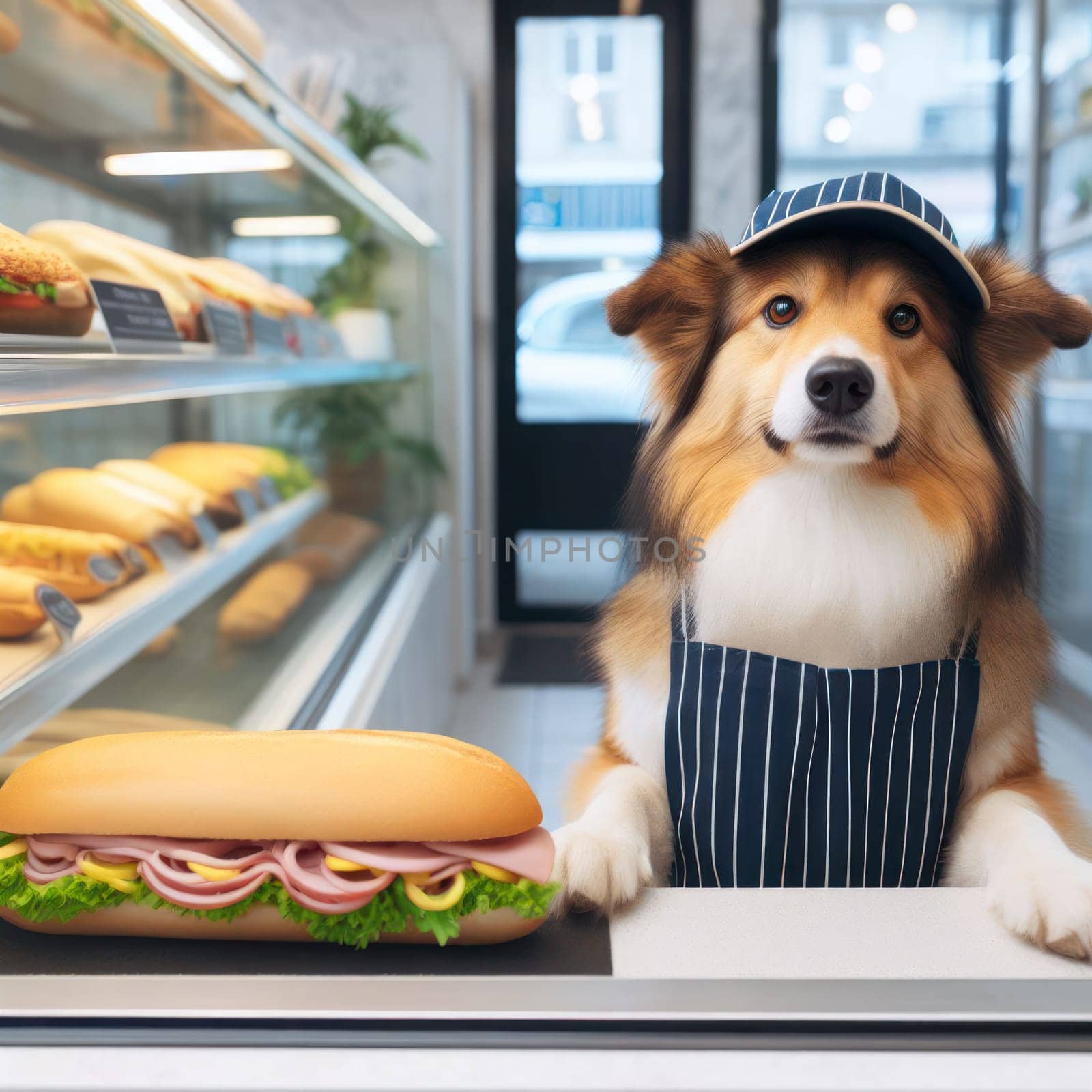 dog working hard behind the counter in a sandwich bar generative ai