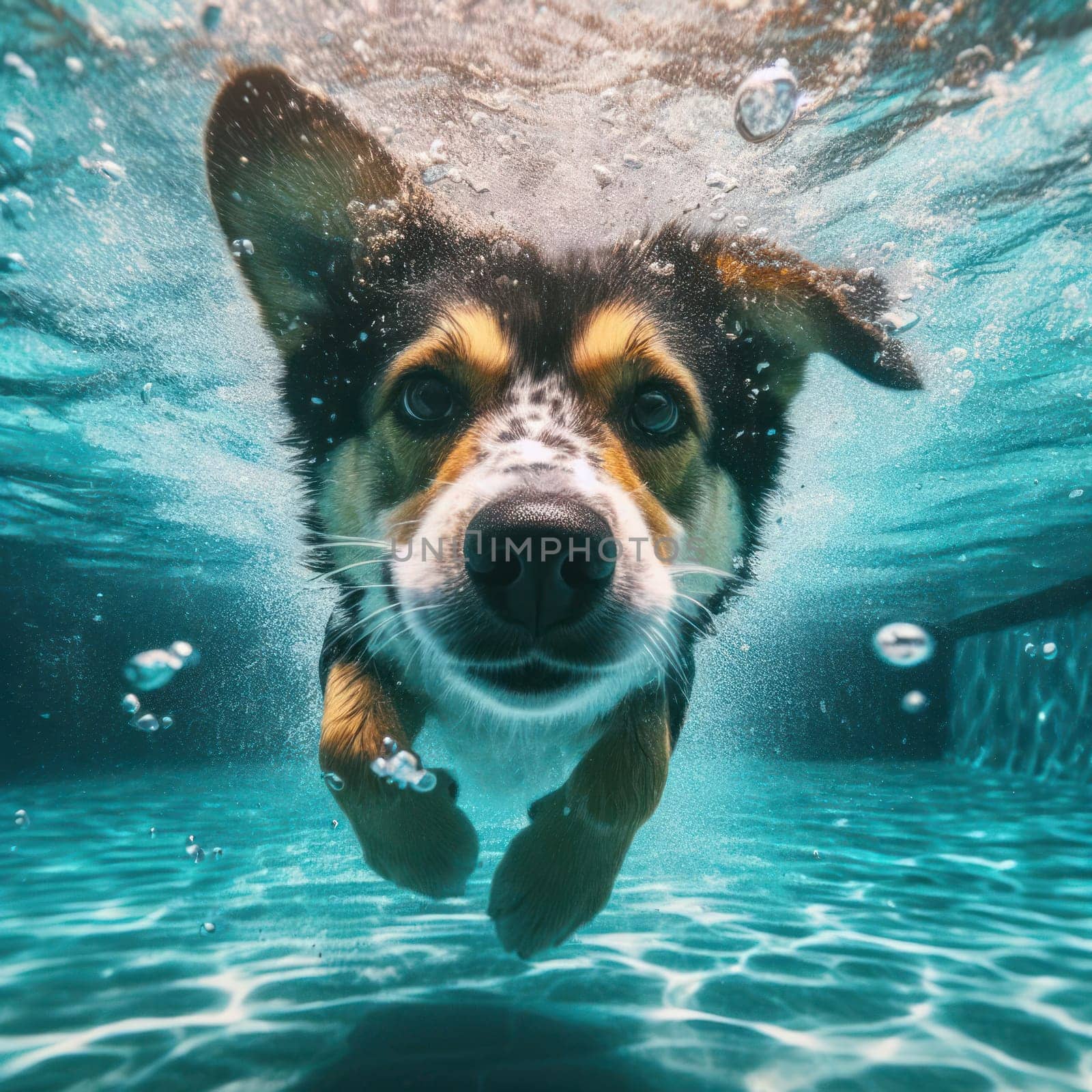 dog playing and swimming under the water in the pool generative ai