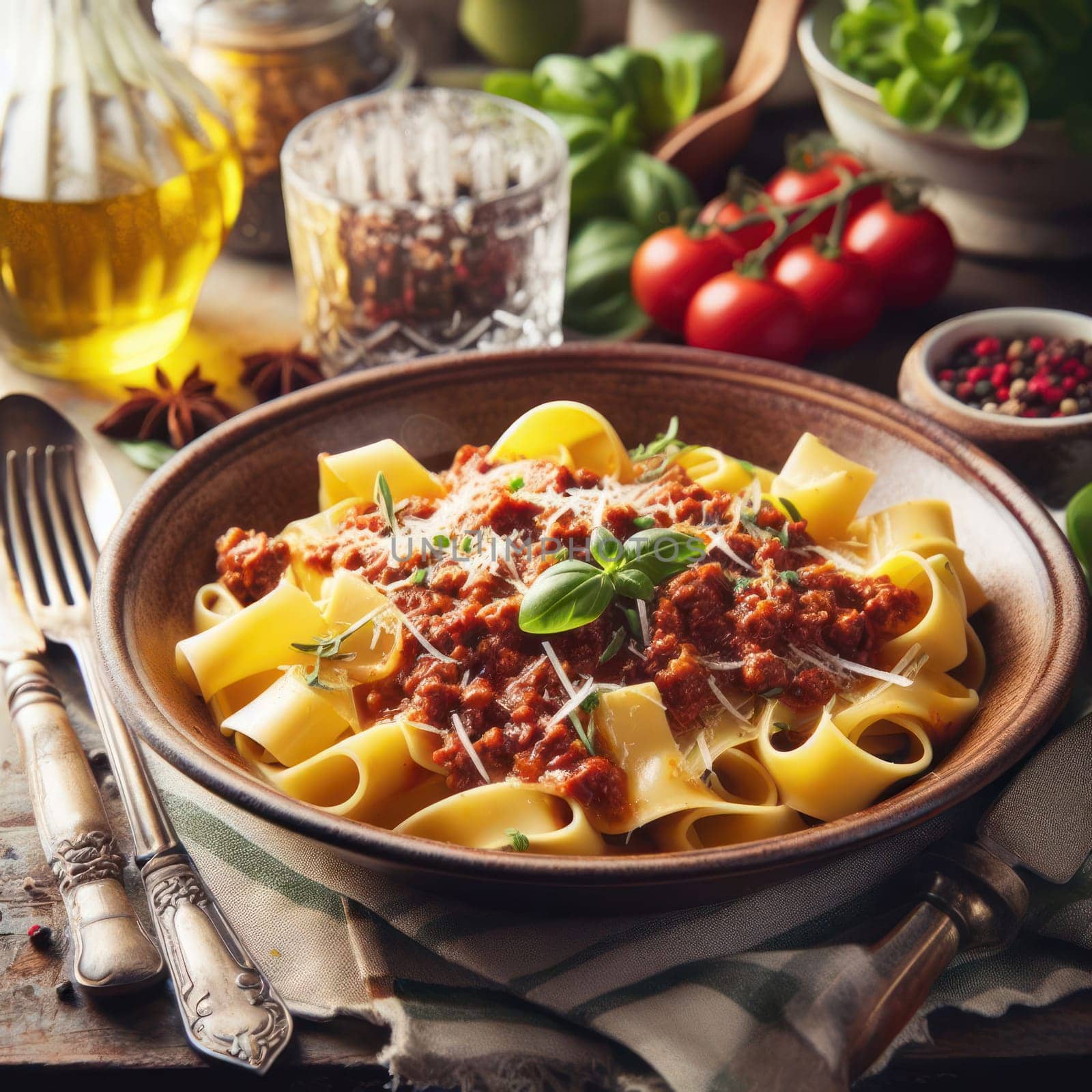 delicious traditional italian pappardelle alla bolognese in a rustic setting generative ai