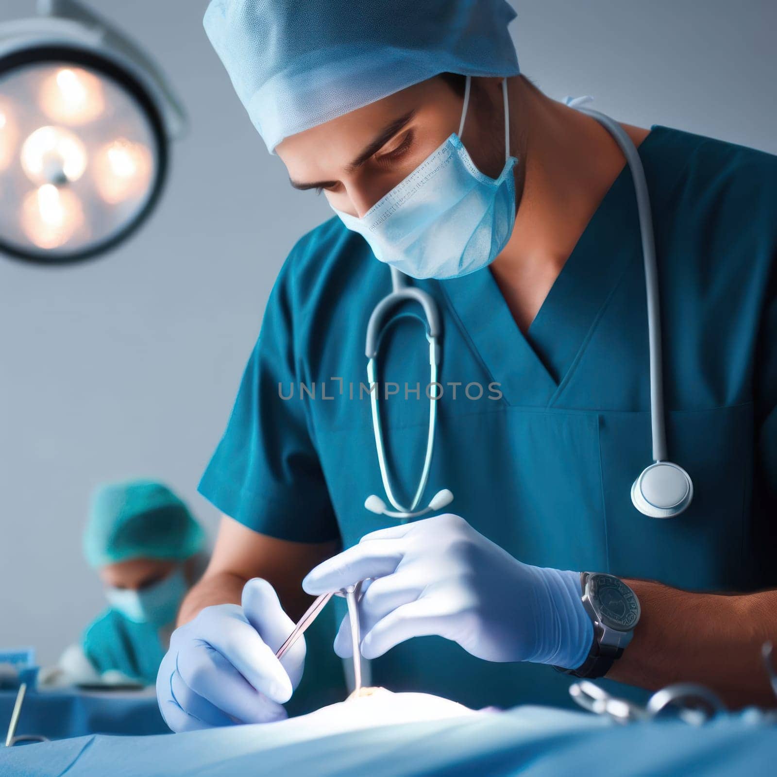 doctor in scrubs and mask performing an operation in the theatre generative ai