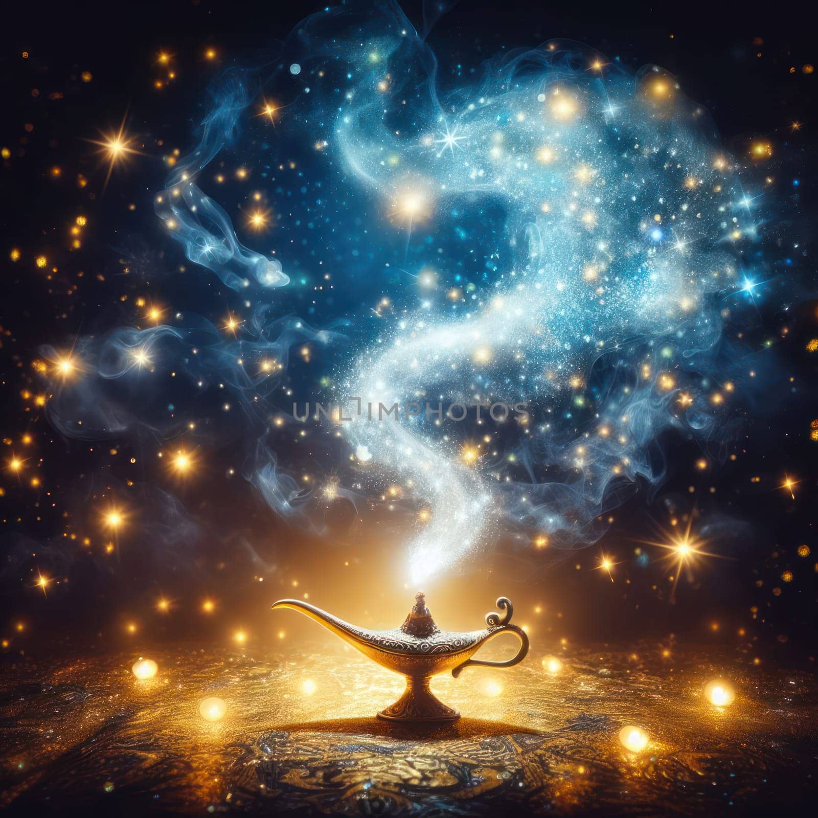 make a wish on the beautful magic genie lamp with sparkles and glitter generative ai