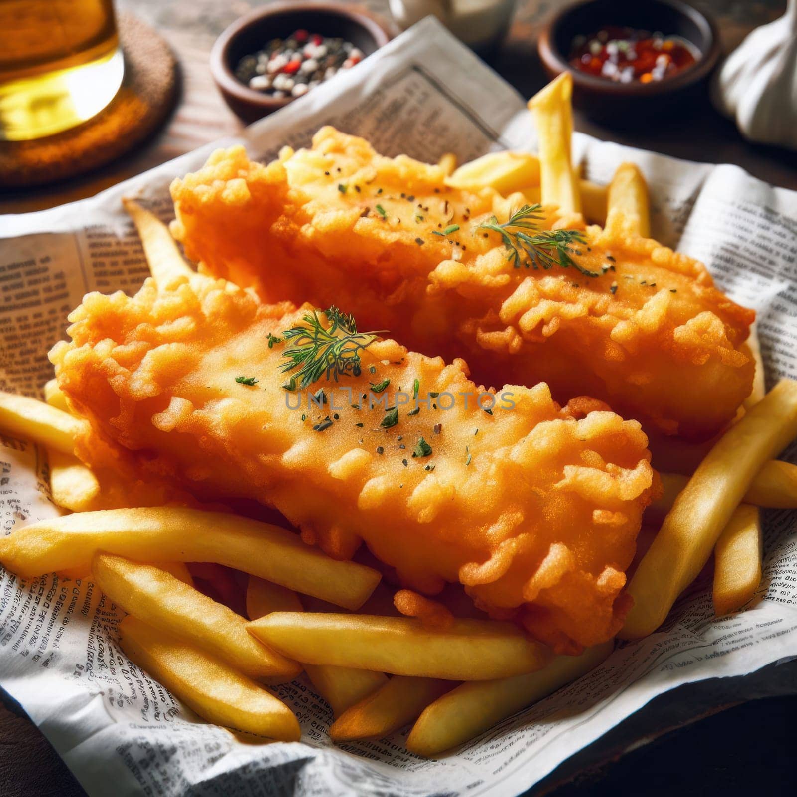 delicious british fried fish and chips with tartar sauce and lemon served on paper generative ai