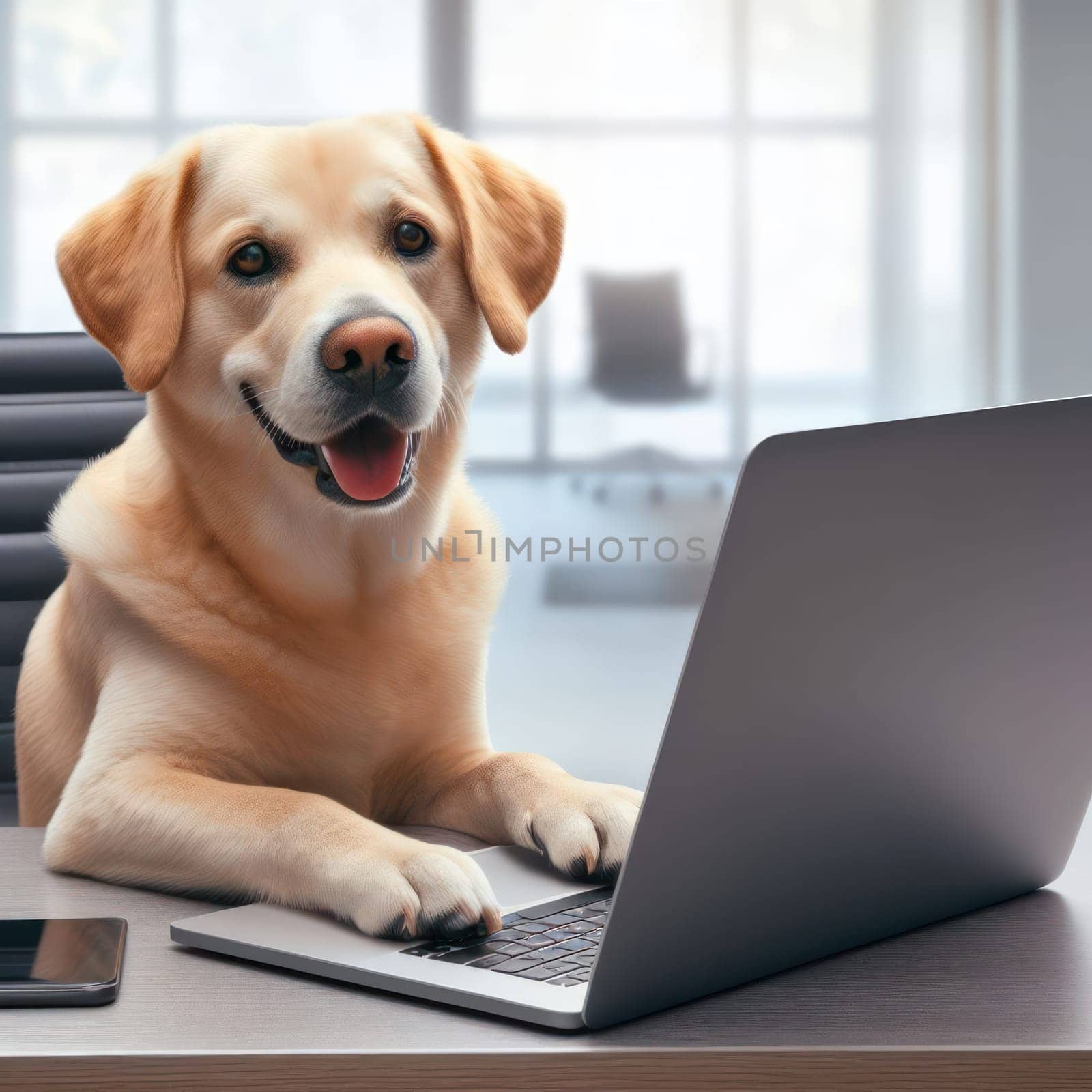 golden retriever dog working on laptop in the office generative ai