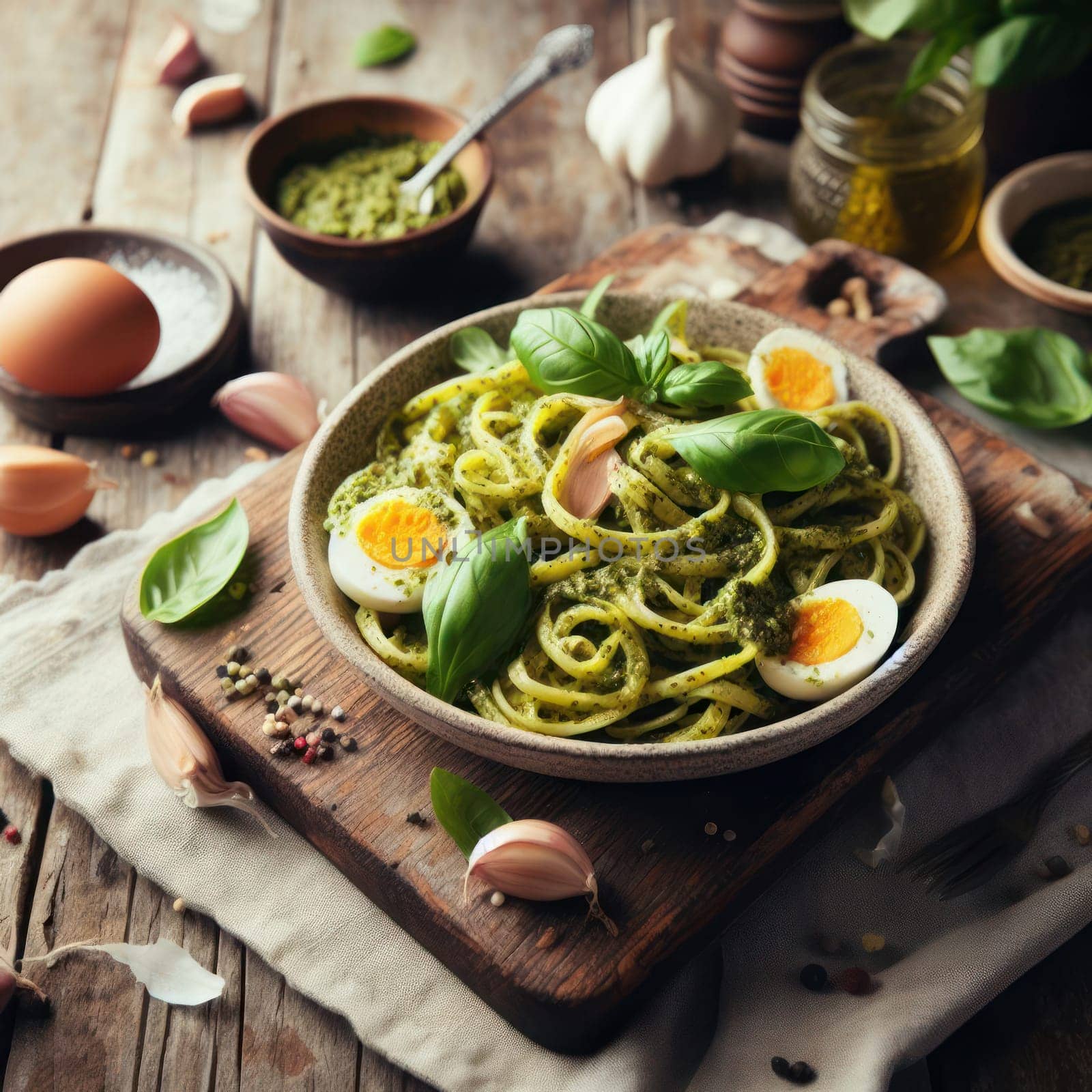 delicious traditional italian pesto fettuccine on a rustic table generative ai