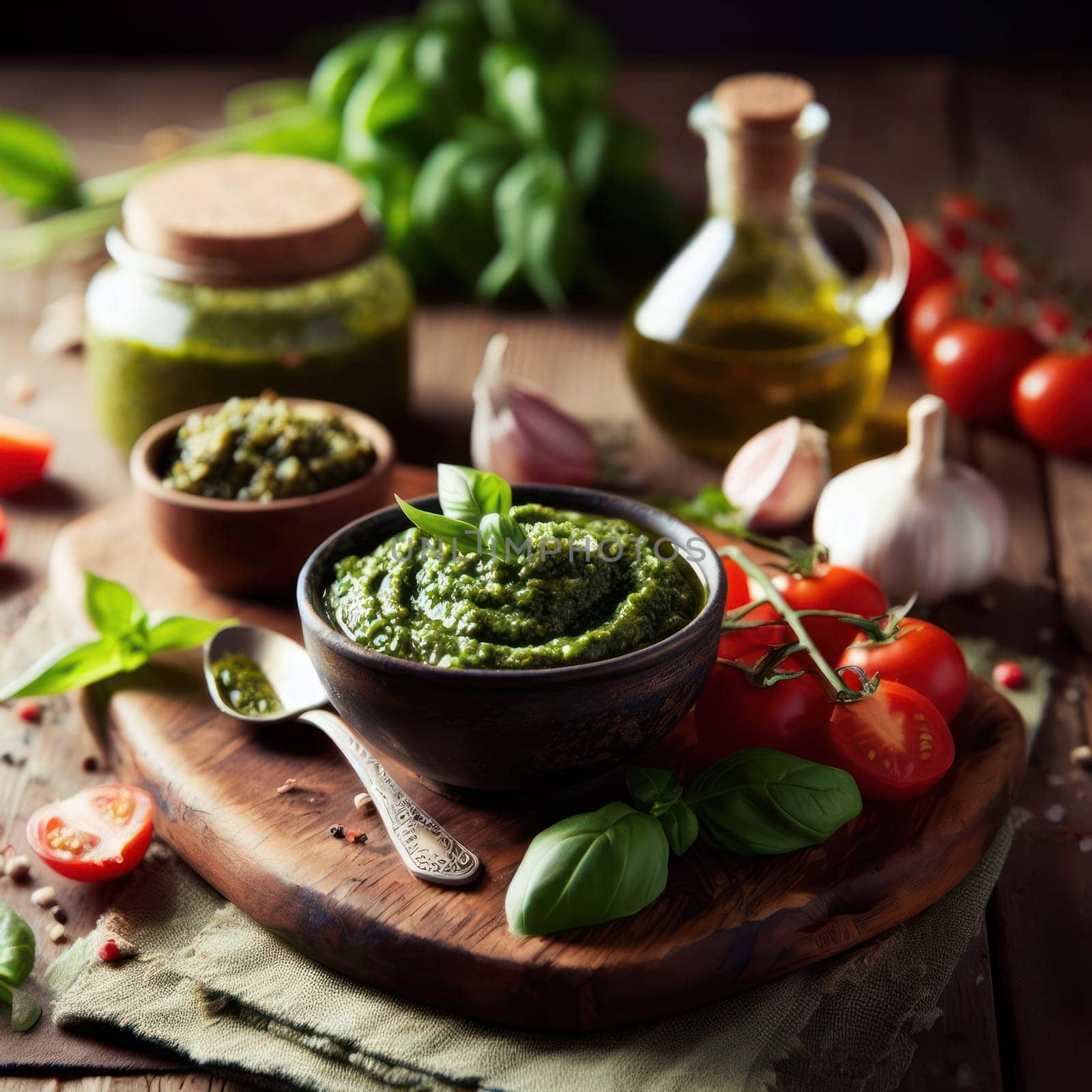 bowl of delicious italian basil pesto in a rustic setting generative ai
