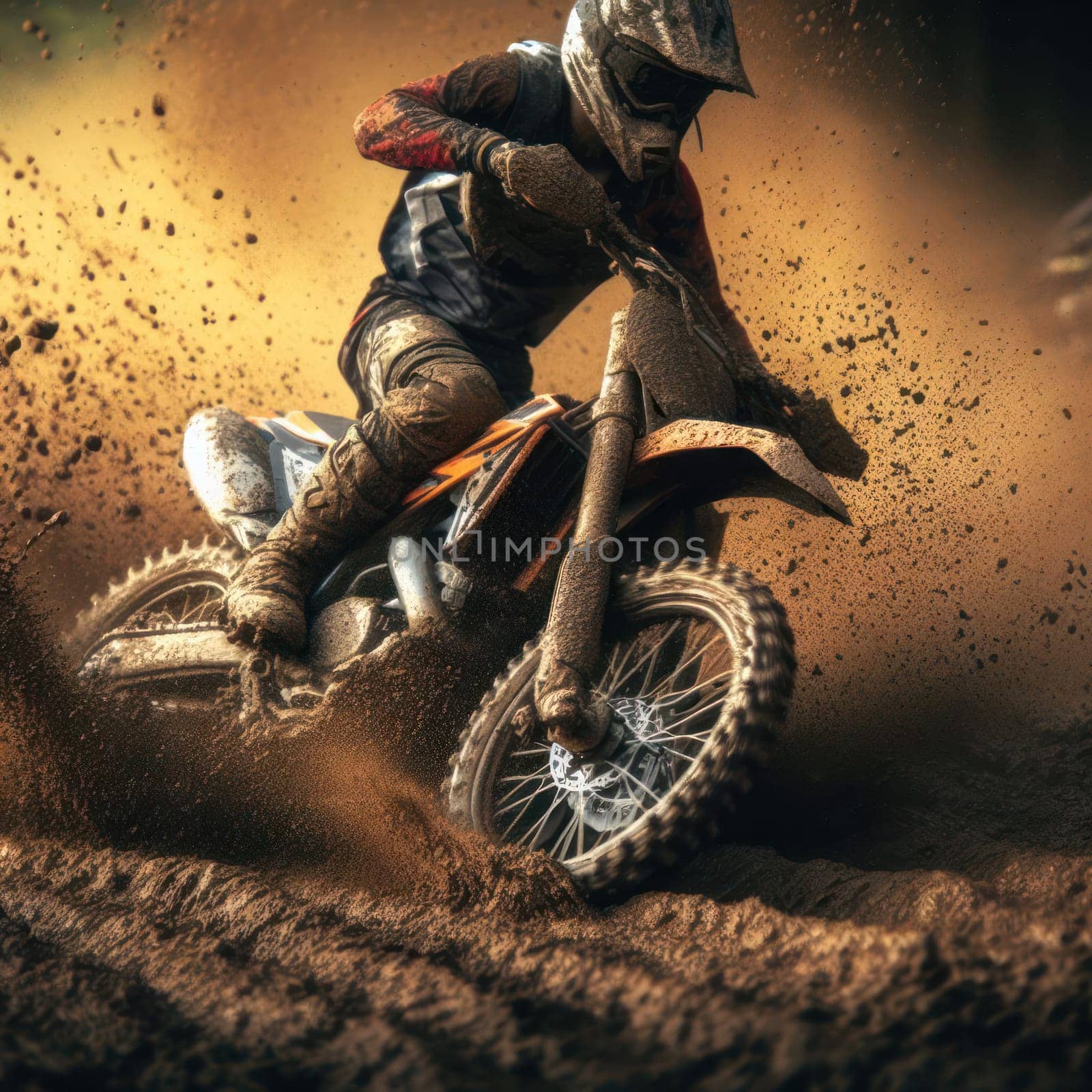 action closeup of motocross rider on track with mud spraying generative ai