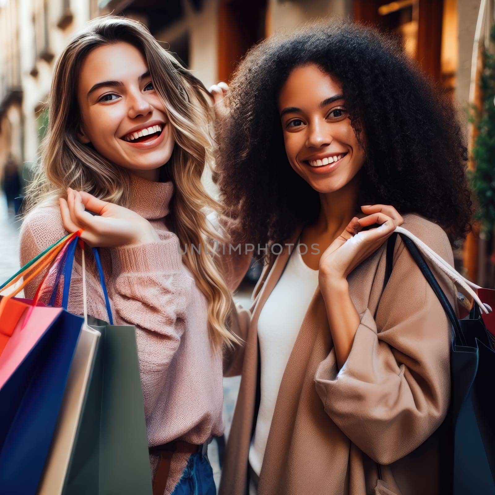 two young women friends shopping together on vacation generative ai