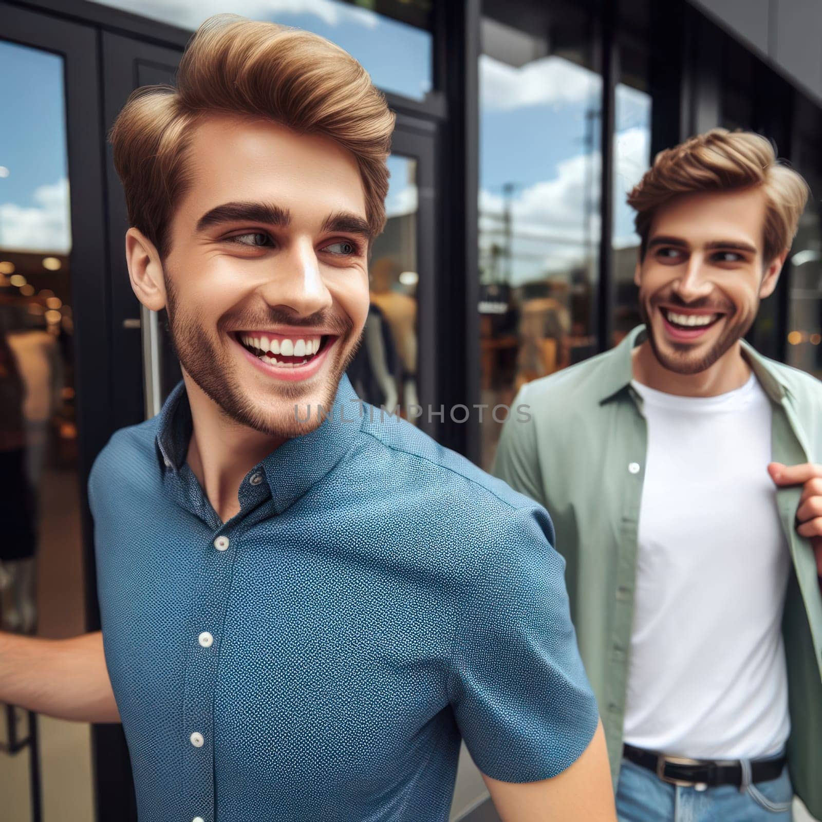 two happy smiling men shopping in an outside mall generative ai