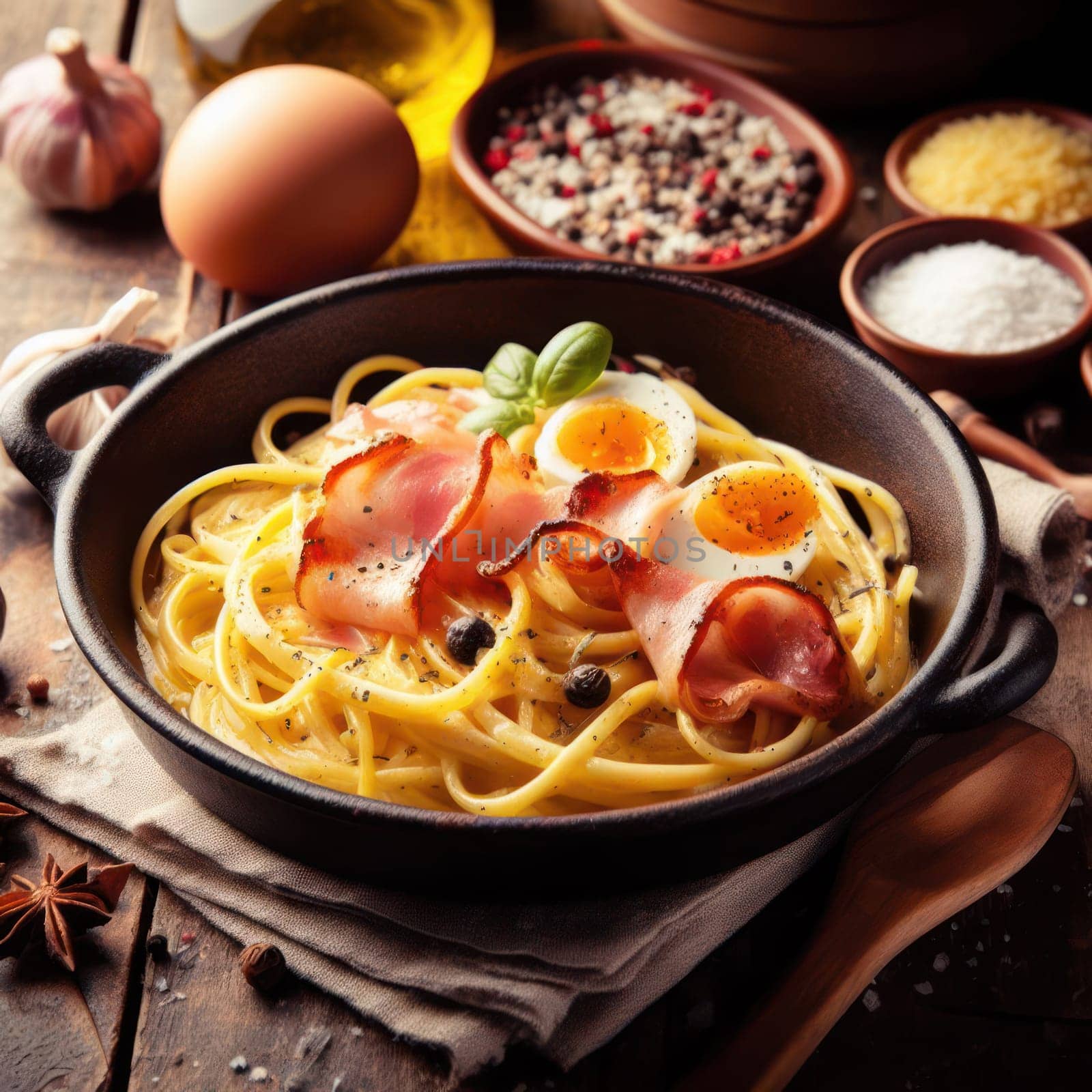 delicious italian fettuccine carbonara on a rustic table generative ai