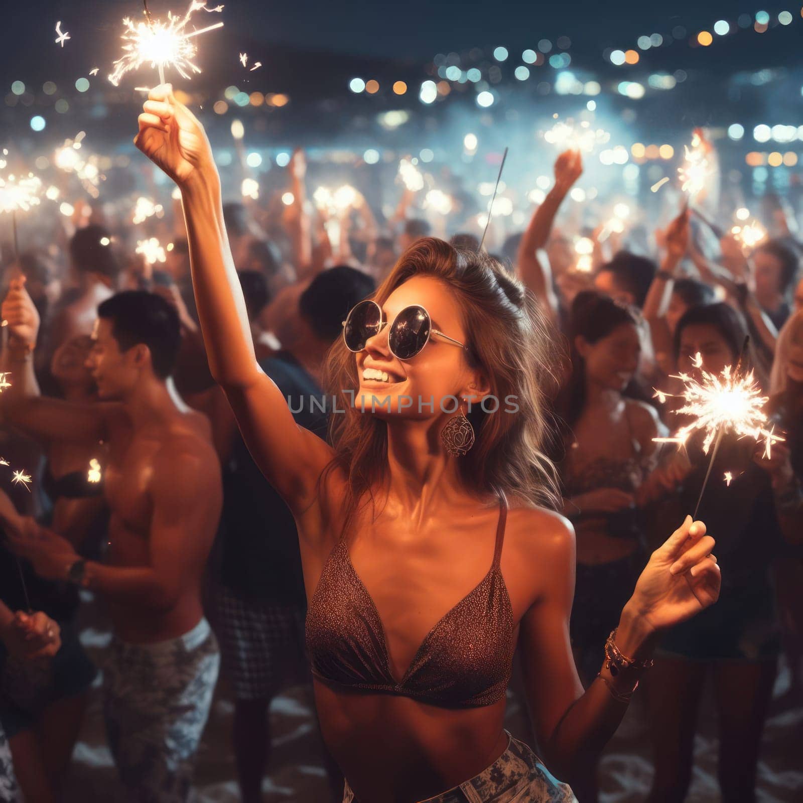 attractive woman partying with other people at the beach at sunset generative ai