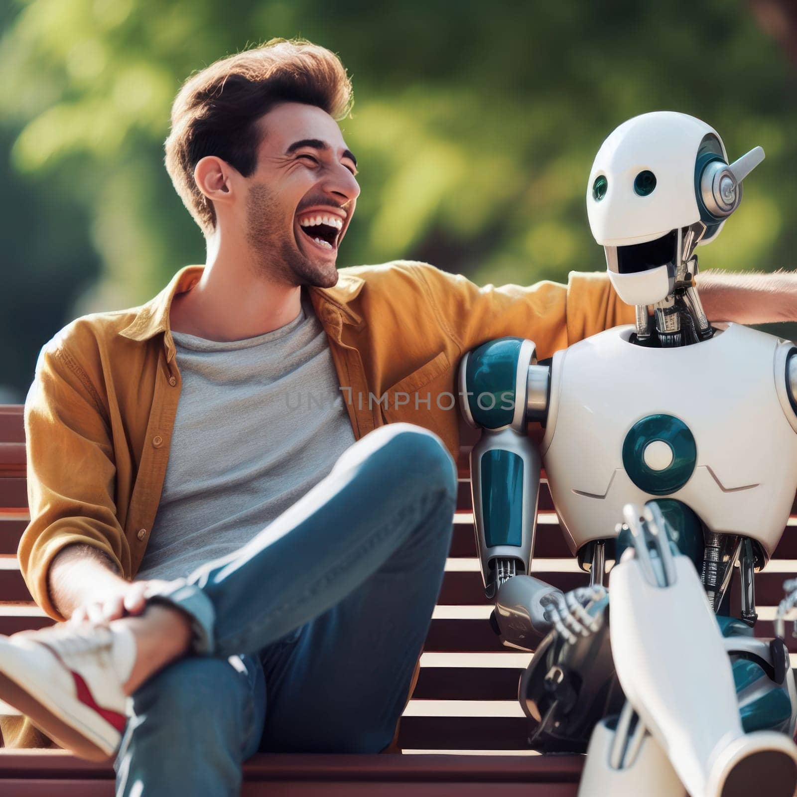 person and humanoid robot laughing and talking together on a park bench generative ai