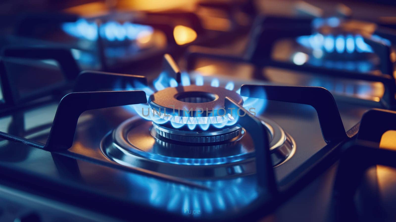 Close up shot of blue fire from domestic kitchen stove top. Gas cooker with burning flames of propane gas. Gas supply chain and news.