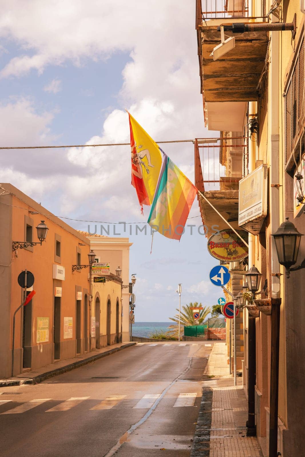 Gioiosa Marea, Sicily, Italy – 24 Sep 2023. The SS113 coastal road in Gioiosa Marea leads to Palermo and Messina (ferry Italy). Province of Messina.