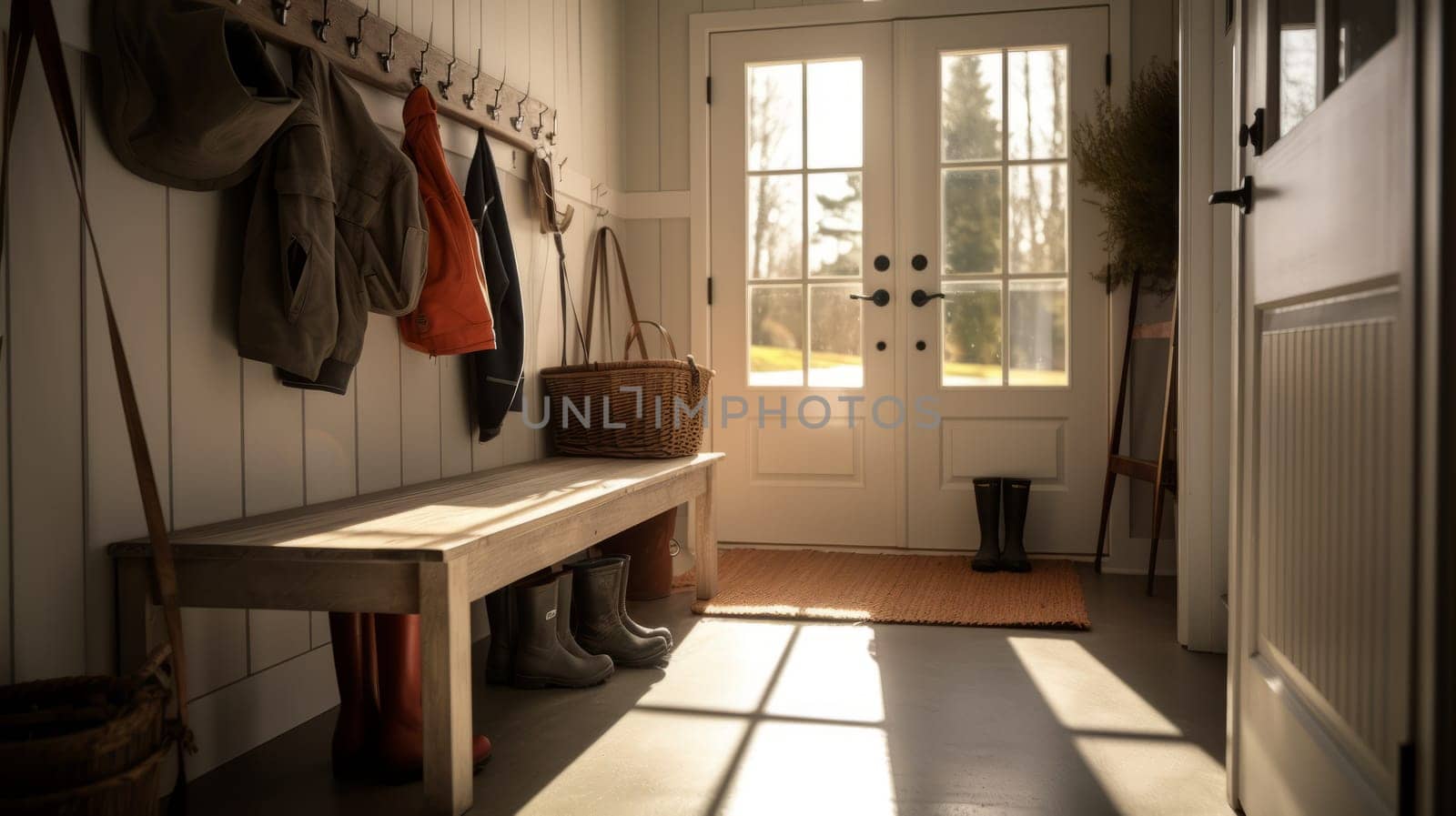 A large foyer with storage unit, white oak bench.