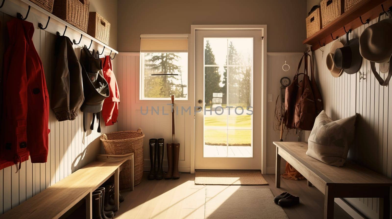 A large foyer with storage unit, white oak bench.
