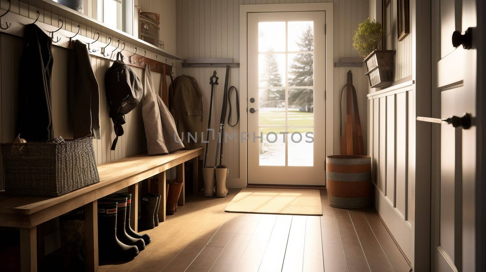 A large foyer with storage unit, white oak bench.