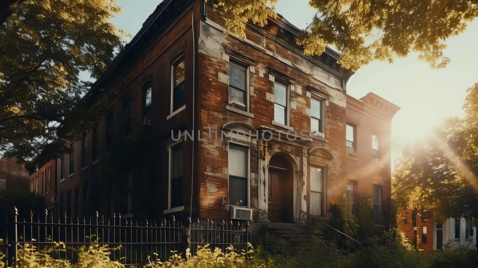 Neglected typical american property with overgrown grass - a real estate investing concept of properties needing work, TLC, renovating. Arbitrage and house flipping.