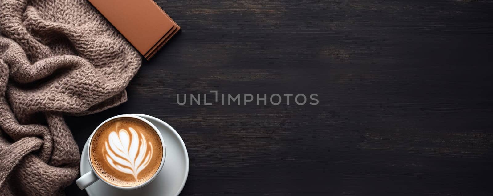 top view of coffee on elegant wood and cloth. Latte coffee