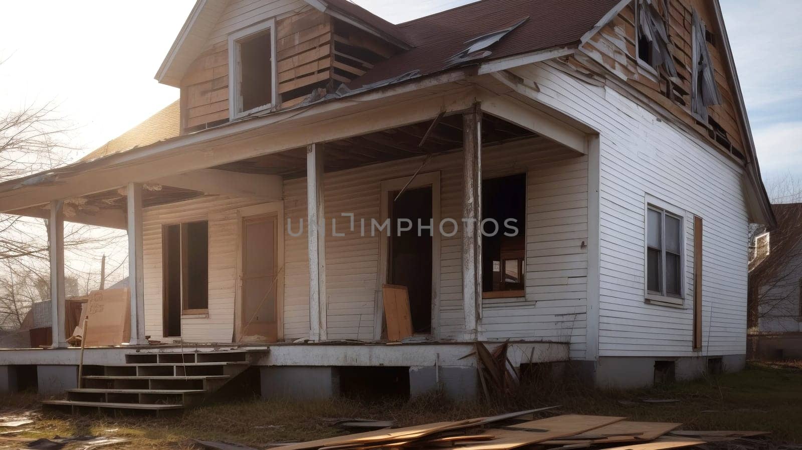 Neglected typical american property with overgrown grass - a real estate investing concept of properties needing work, TLC, renovating. Arbitrage and house flipping.