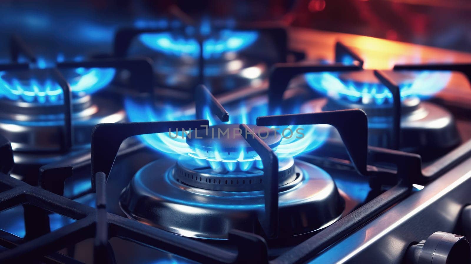 Close up shot of blue fire from domestic kitchen stove top. Gas cooker with burning flames of propane gas. Gas supply chain and news.