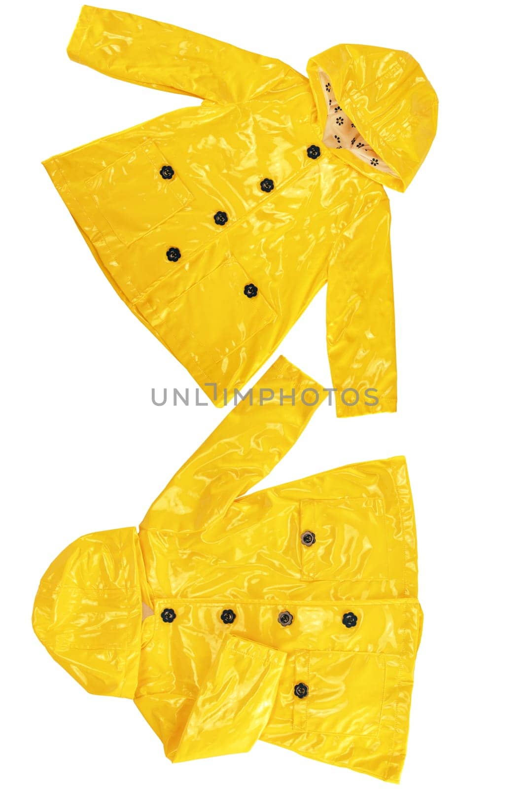 Rain jacket. Collage set of elegant yellow rain jacket in two views isolated on a white background. Girls fashion for rain season.