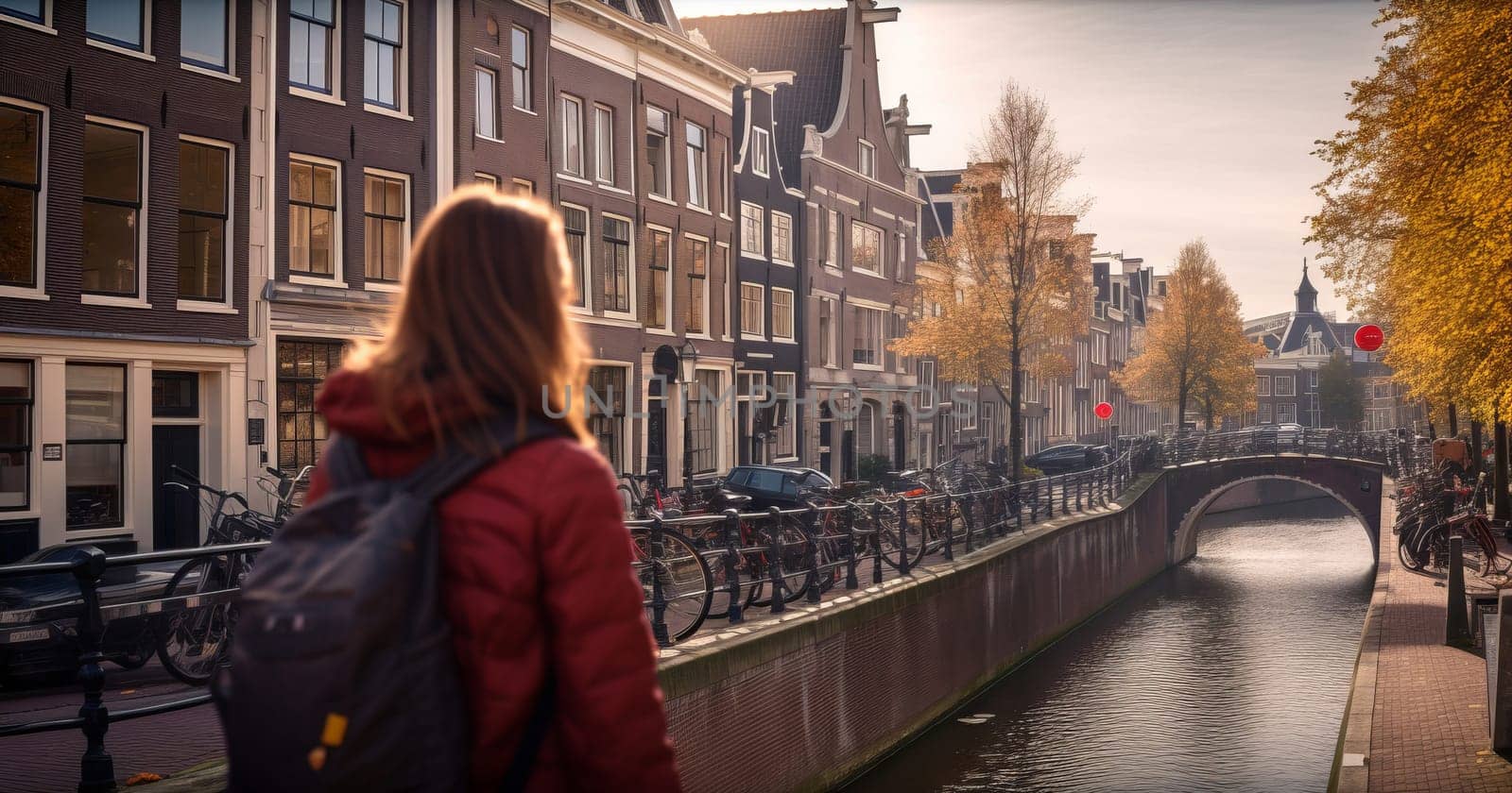 Young female tourist backpacker travelling aroung the world. Travel Destination - Amsterdam