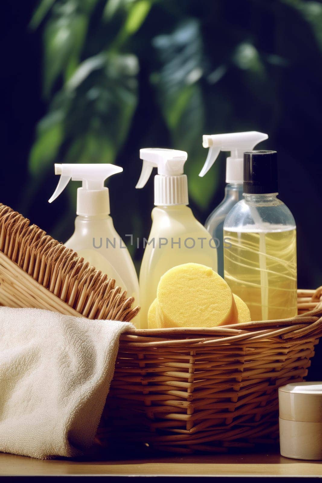 Brushes, sponges, gloves and natural cleaning products in the basket. Eco-friendly cleaning products