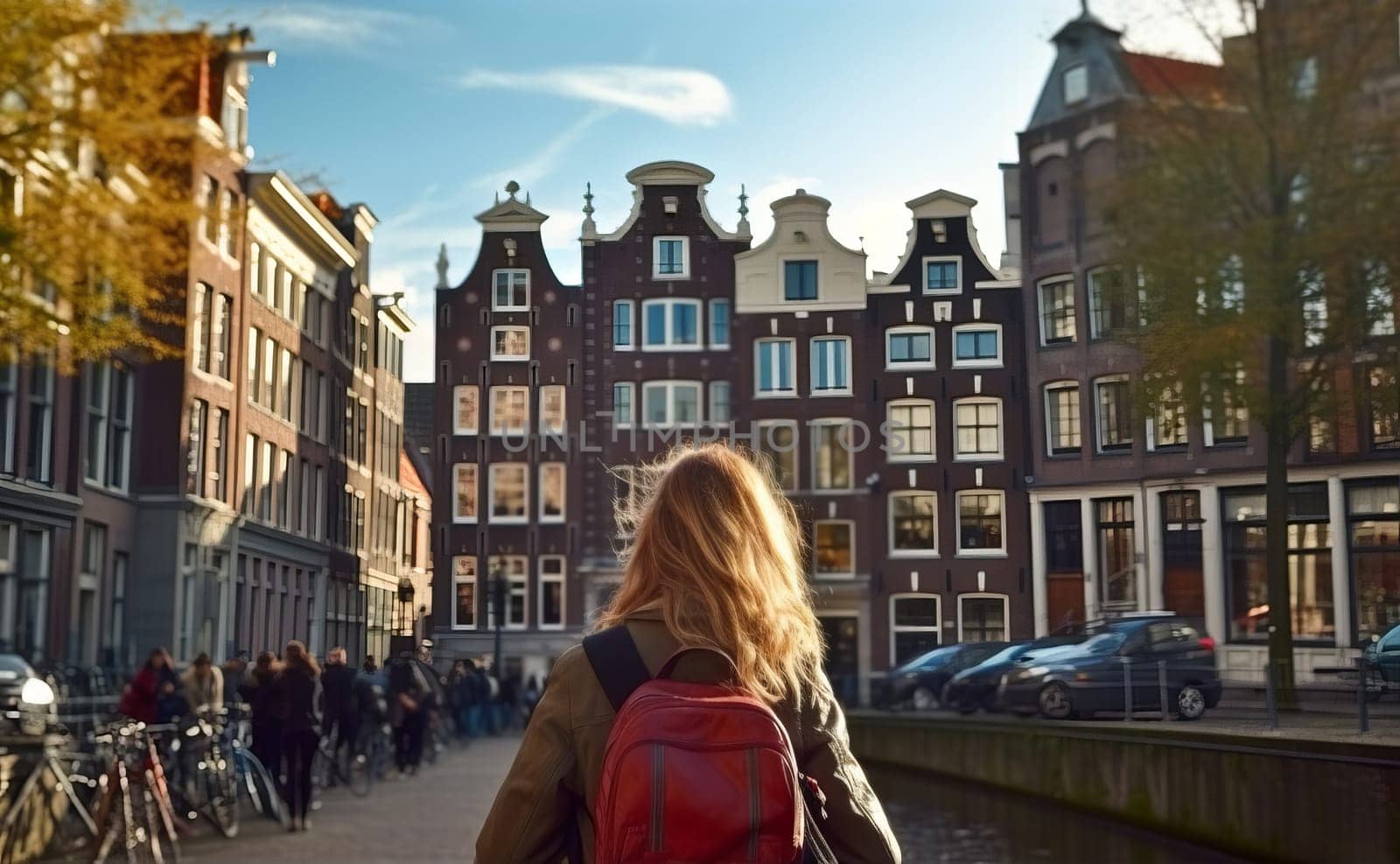 Young female tourist backpacker travelling aroung the world. Travel Destination - Amsterdam