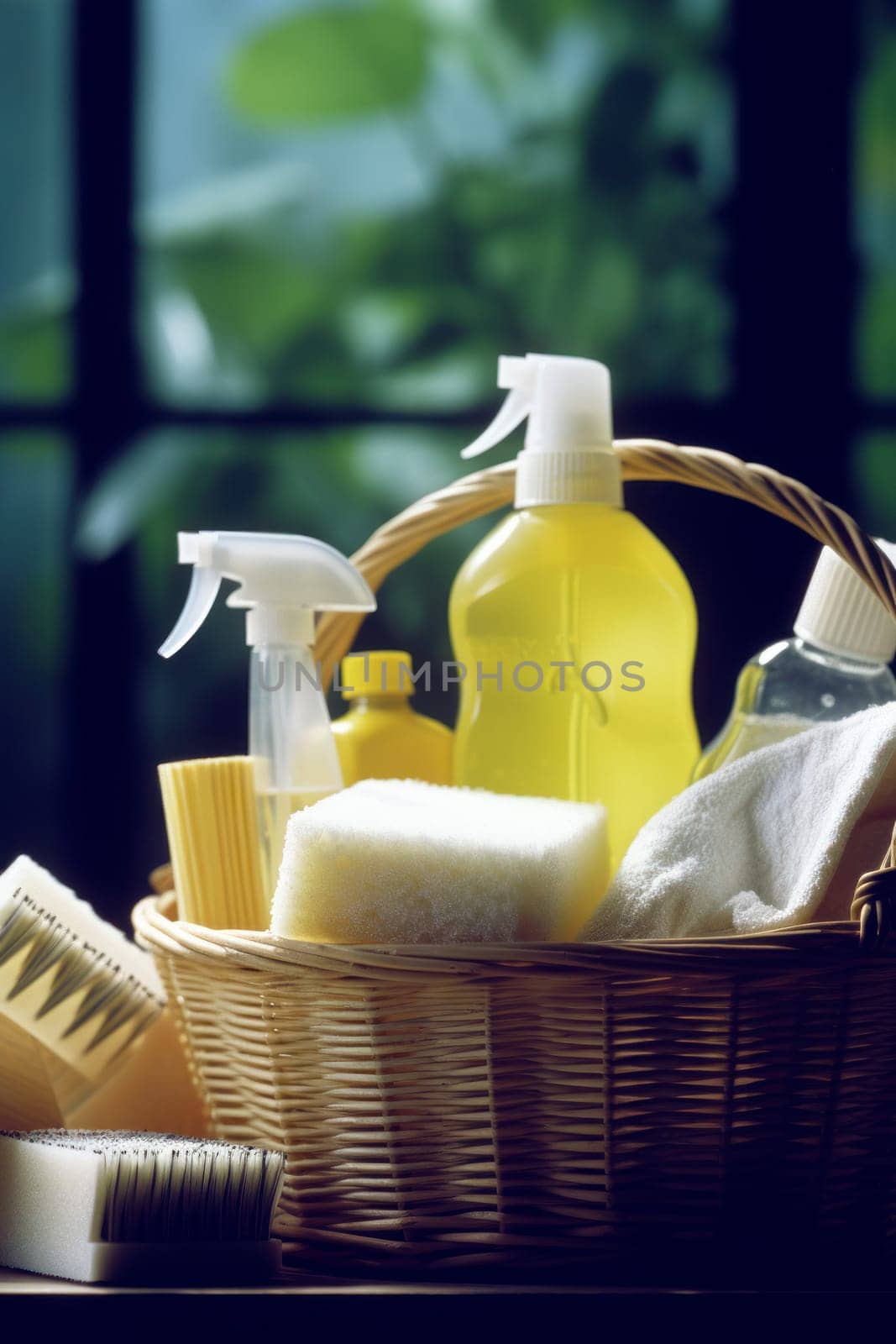 Brushes, sponges, gloves and natural cleaning products in the basket. Eco-friendly cleaning products