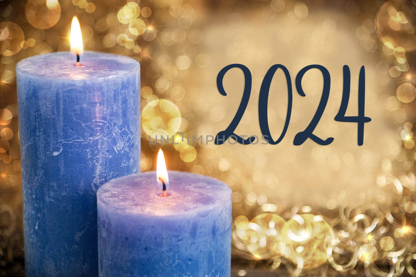 Text 2024, With Blue Candles, Warm And Cozy Winter Background, Golden Christmas Decoration