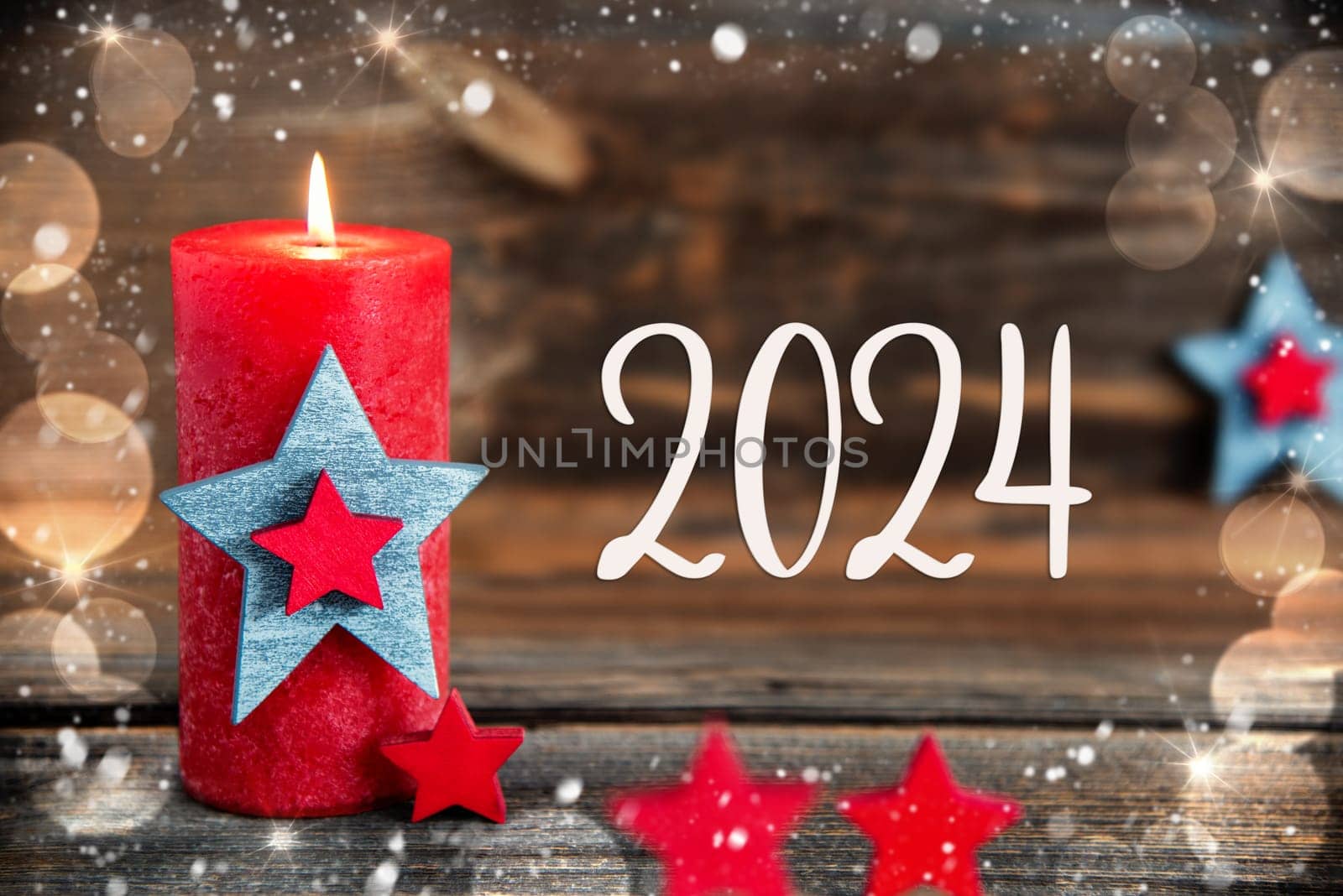 Text 2024, On A Wooden Background, With Red Candle, Festive Winter Decor, Christmas, Snow