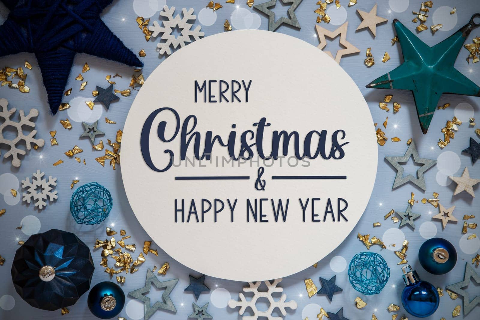 Text Merry Christmas And Happy New Year, Blue Flatlay, Christmas Decor, Winter Background, Stars, Wooden Flatlay