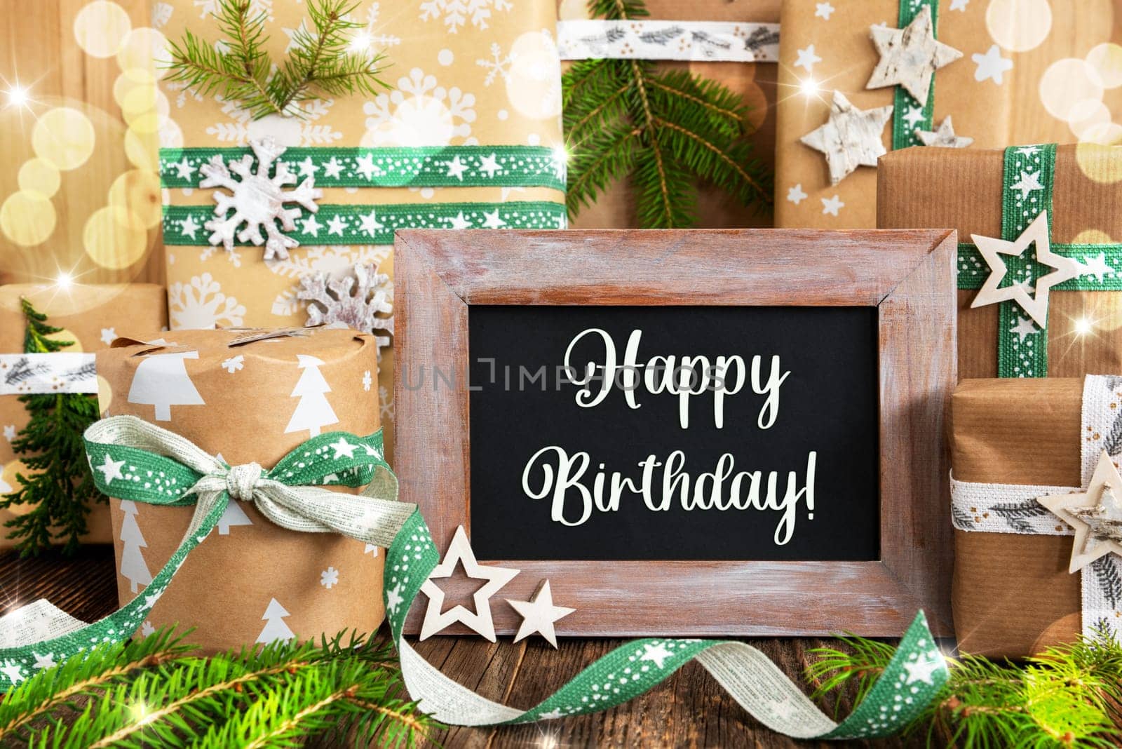Text Happy Birthday, Green Winter Decor, Sustainable Christmas Background