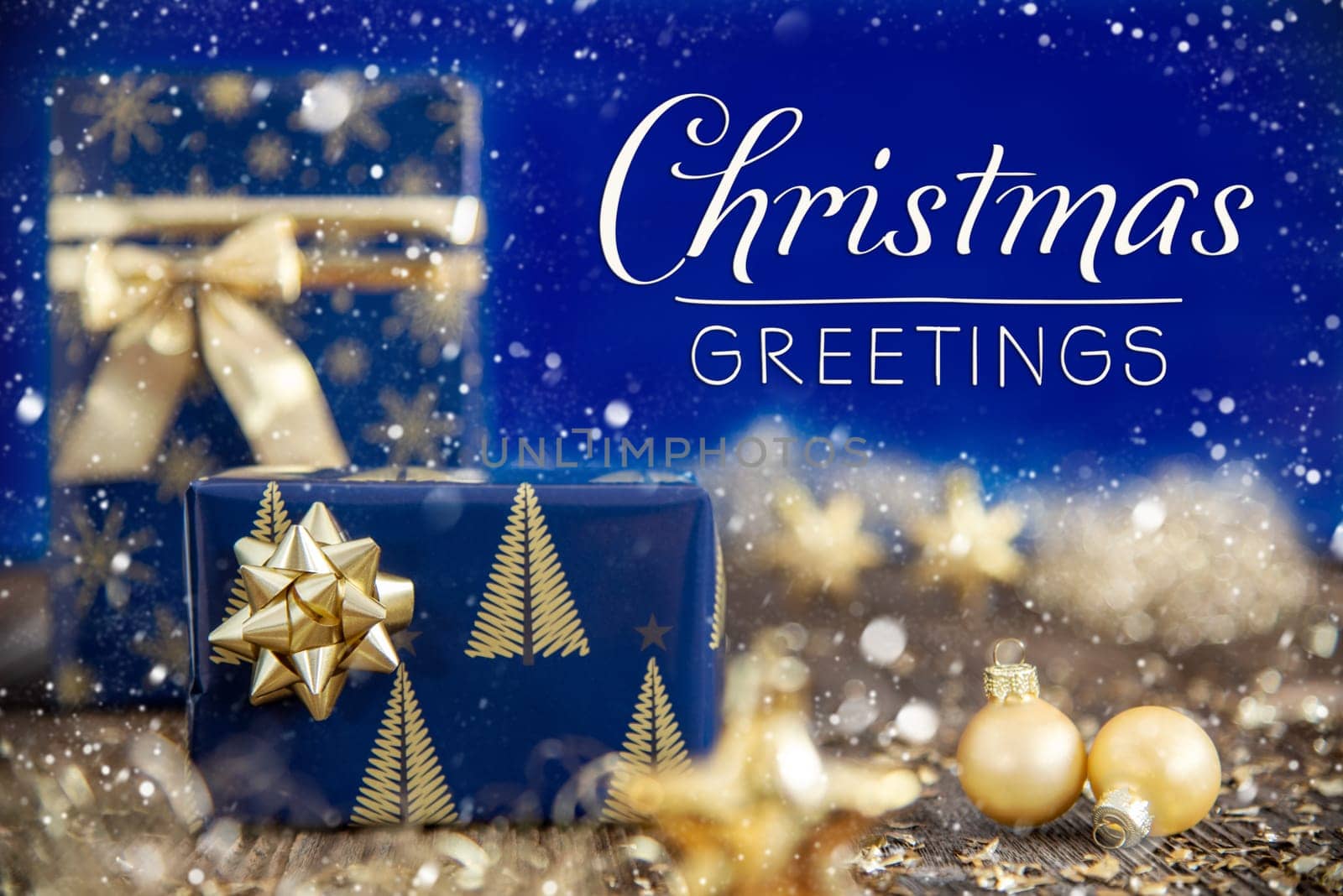 Text Christmas Greetings, With Christmas Gifts In Gold And Blue, Shining Winter Background, Festive Christmas Decoration