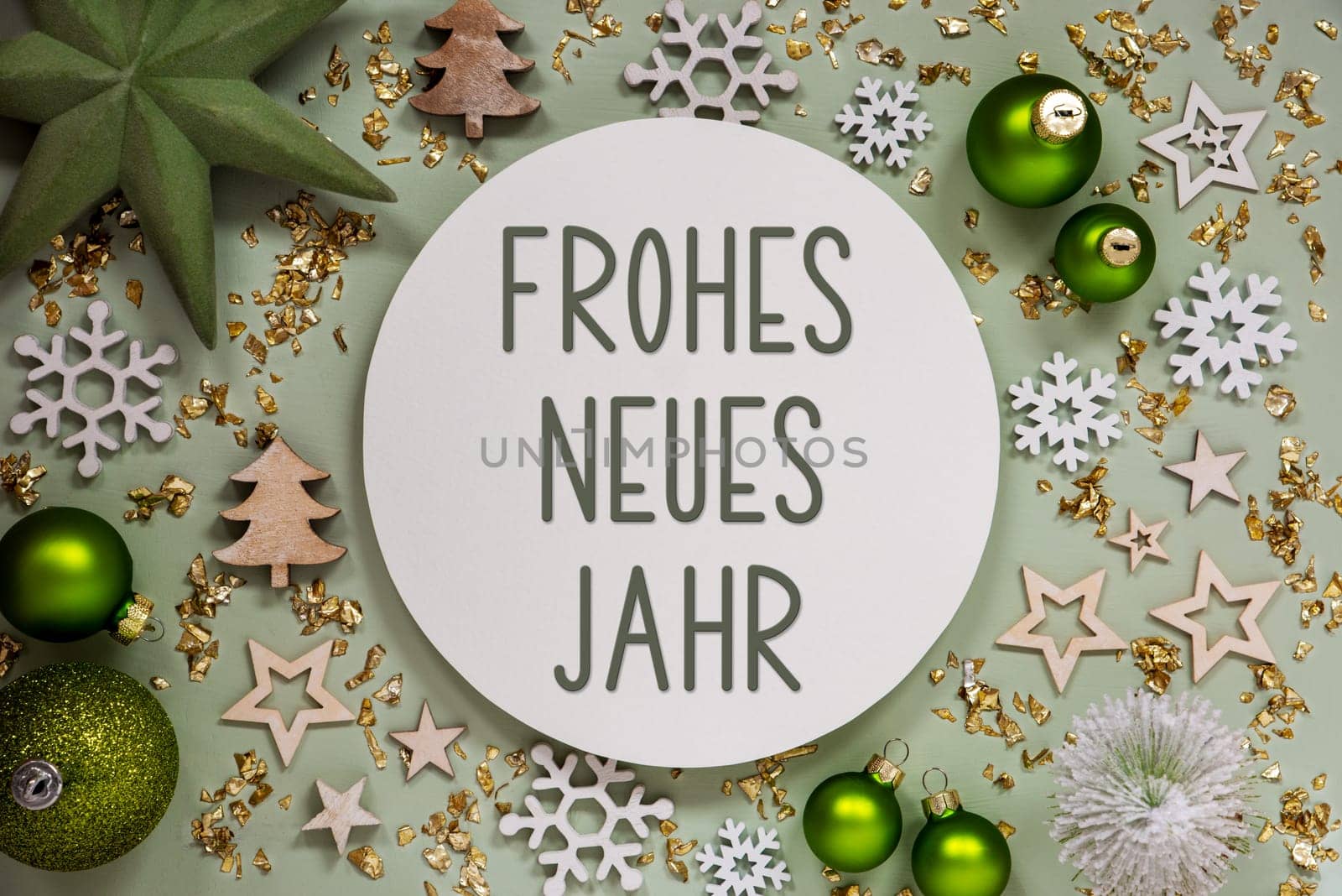 German Text Frohes Neues Jahr, Means Happy New Year In English, With Green Christmas Decoration, Winter Decor, Festive Background Flatlay