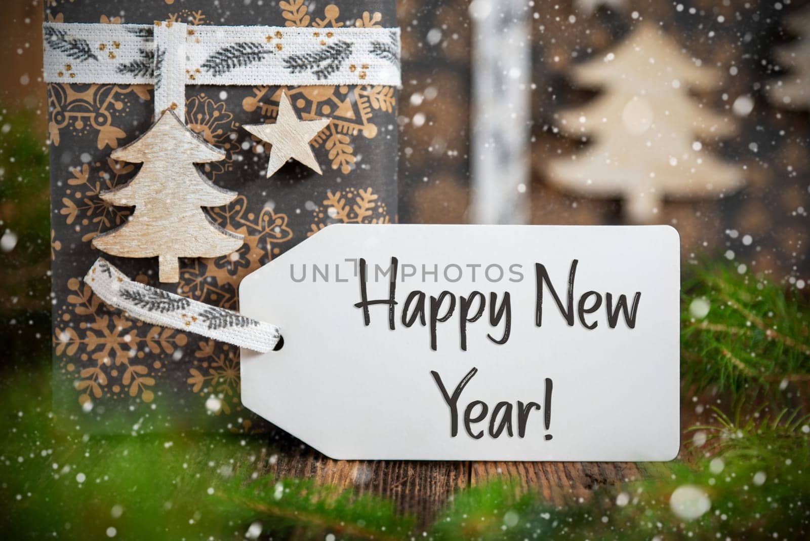 Text Happy New Year, On A Label, Christmas Gifts, Eco Friendly Winter Decor With Snowfall