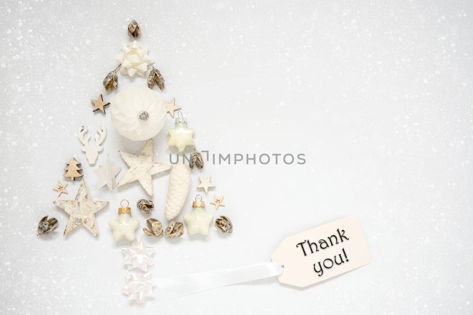 Whiter Background With A Christmas Tree Out Of Christmas Decoration, With A Label With Text Thank You