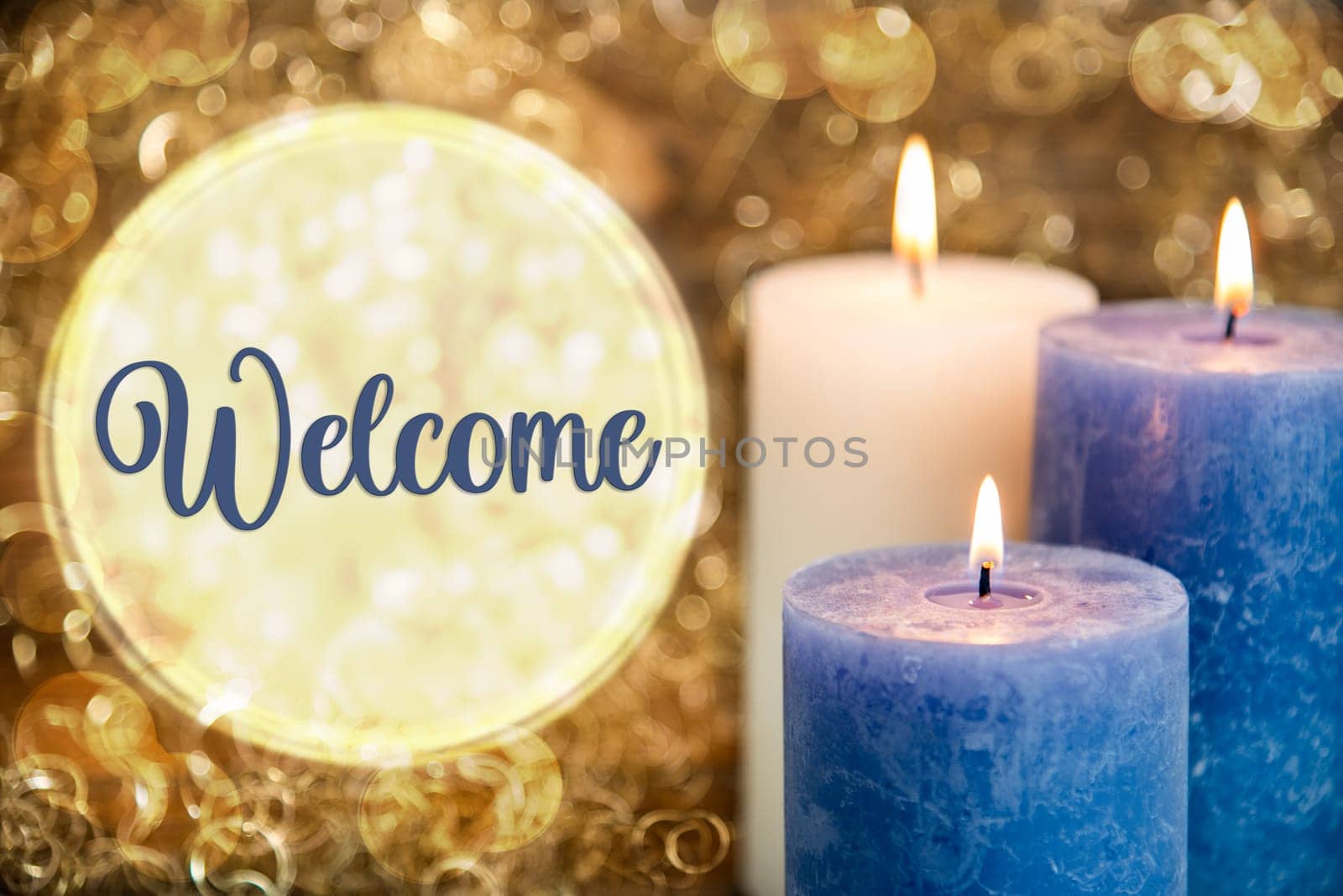 Text Welcome, With Candles, Golden, Glittering Winter Background, Festive, Cozy Atmosphere, Christmas Decoration