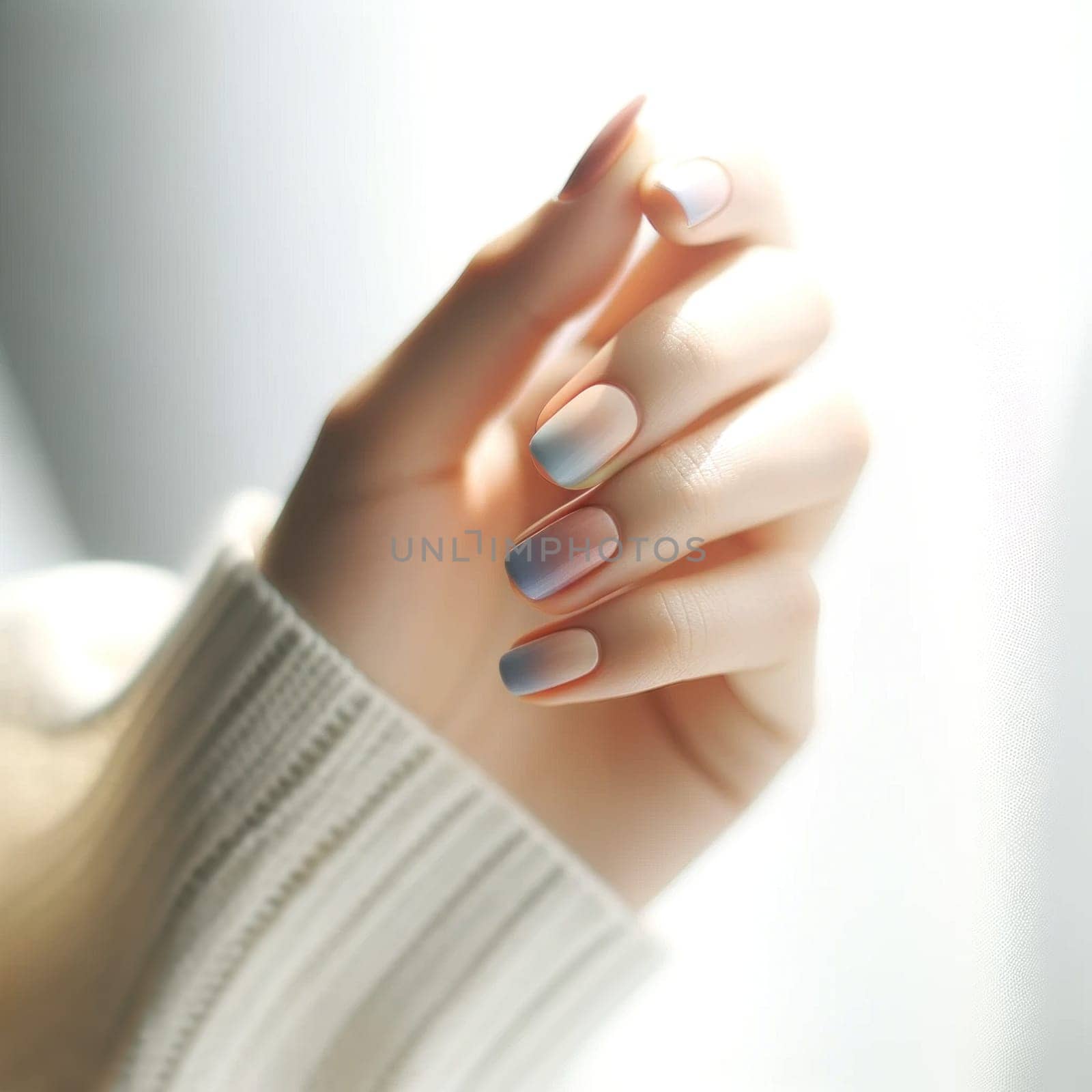 Gradient pastel nails under soft natural light. Created using AI Generated technology and image editing software.
