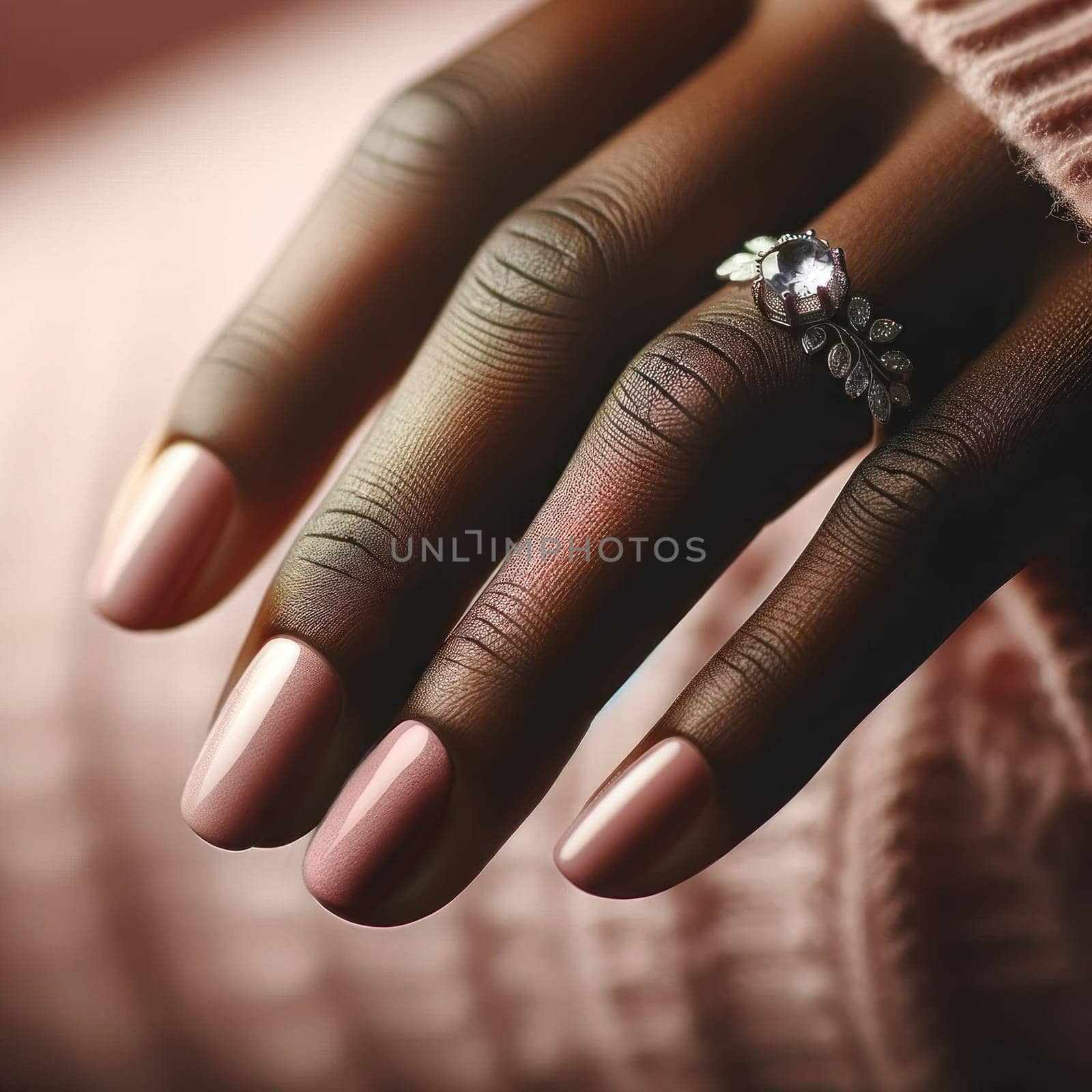 Black hand showcasing salmon pink nails with gem. Created using AI Generated technology and image editing software.