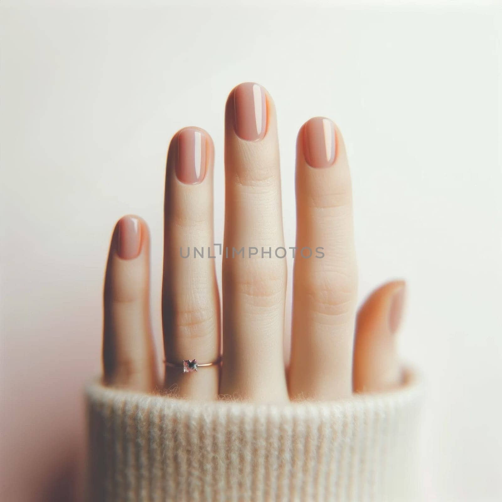 Glossy manicured hand with a gemstone accent. Created using AI Generated technology and image editing software.