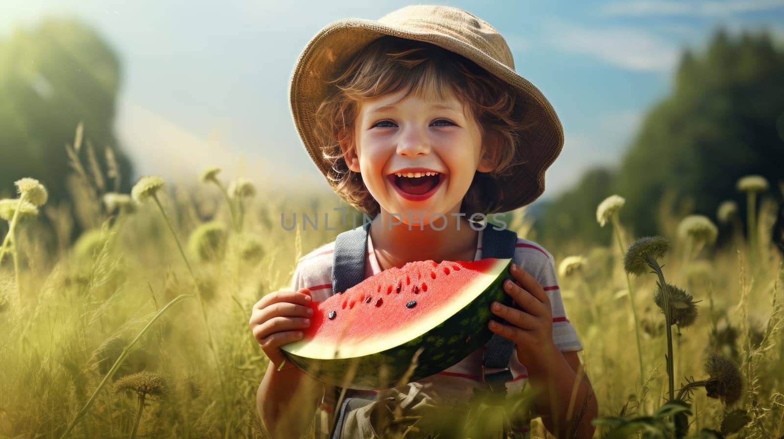 Joyful Child Sitting Outdoors, Eating Fresh Watermelon and Smiling. Artificial art