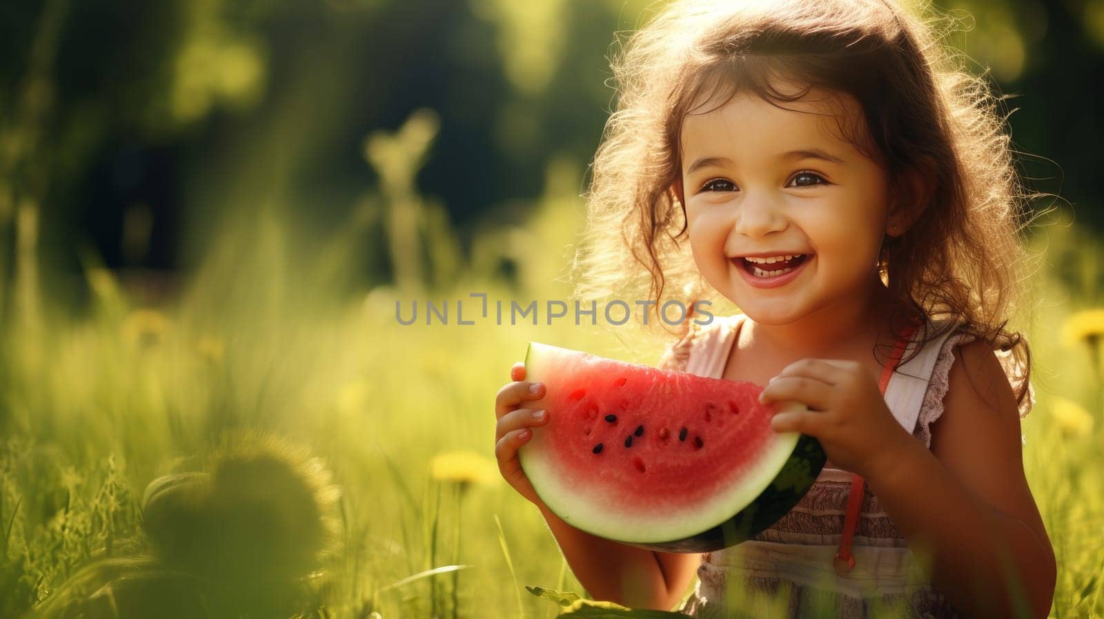 Joyful Child Sitting Outdoors, Eating Fresh Watermelon and Smiling. Artificial art