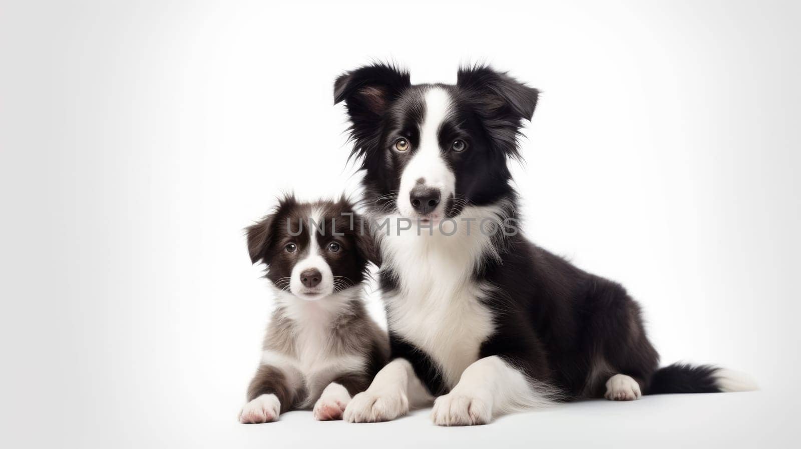 Black and white Border Collie with puppy isolated on bright background. Artificla art