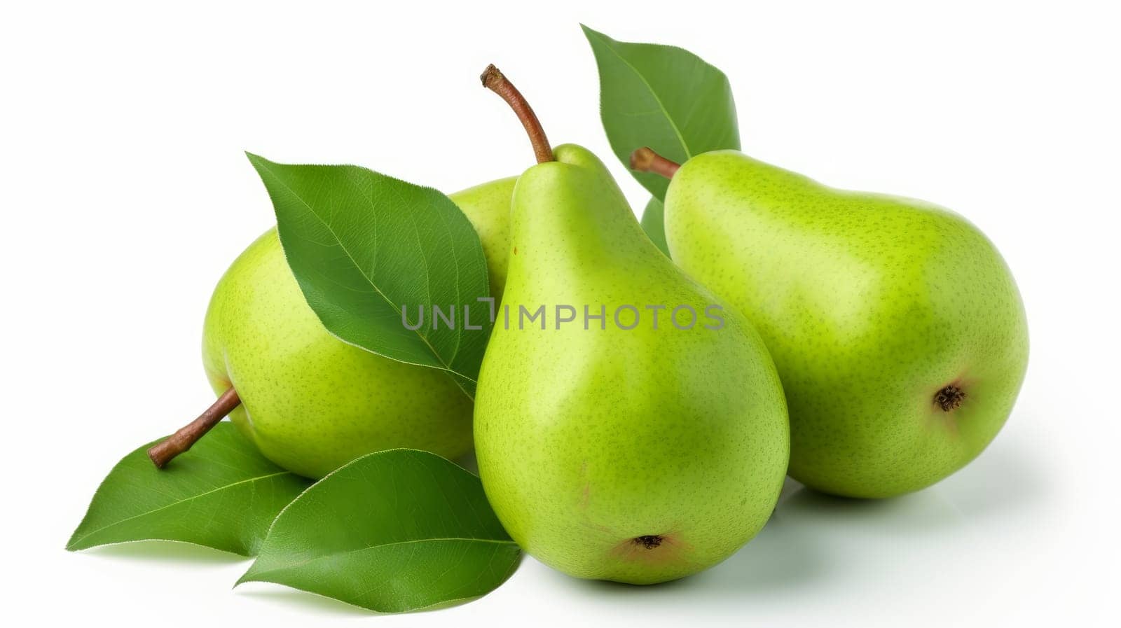 Fresh Pears with green leaves isolated on white background. artificial art